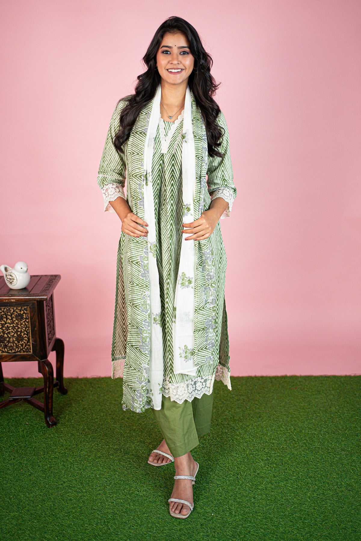 Cotton Printed Green Kurti Set With Dupatta