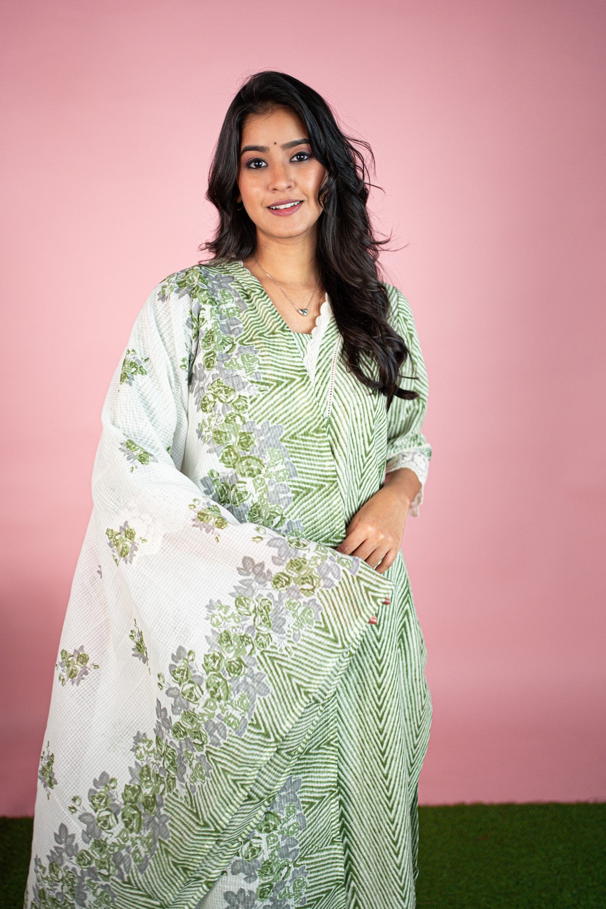 Cotton Printed Green Kurti Set With Dupatta