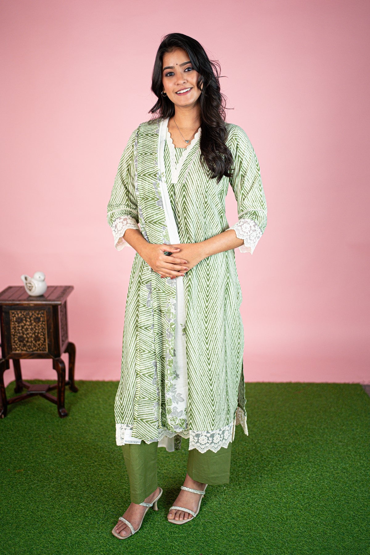 Cotton Printed Green Kurti Set With Dupatta