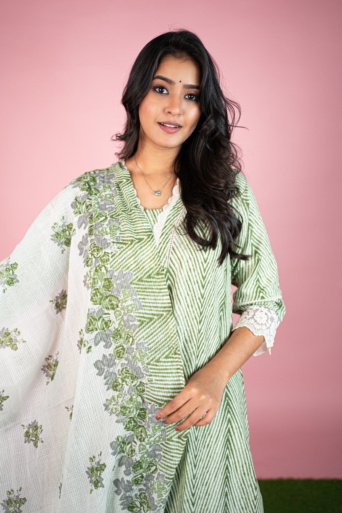 Cotton Printed Green Kurti Set With Dupatta