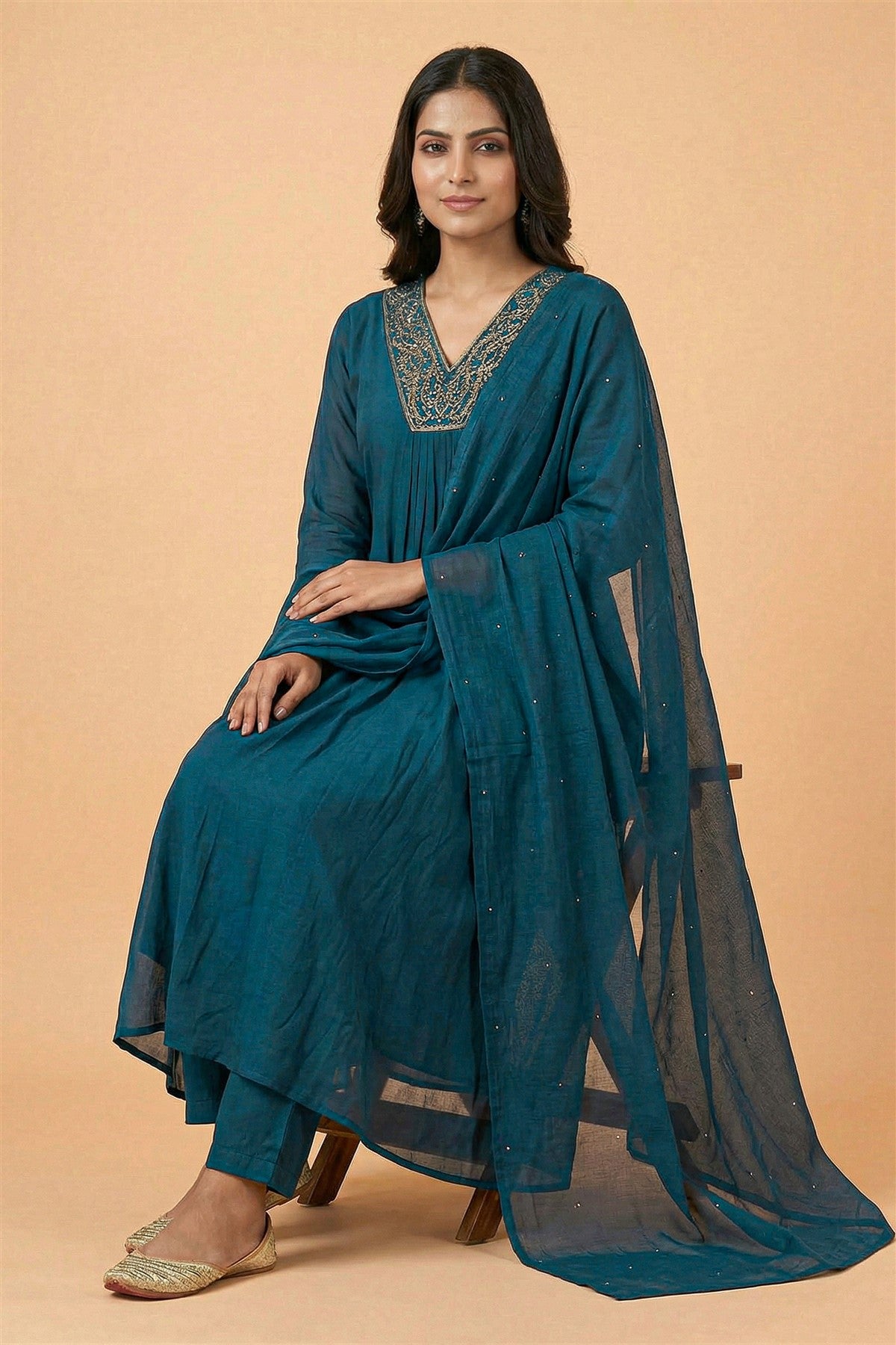 Silk Solid Teal Blue Kurti Set With Dupatta
