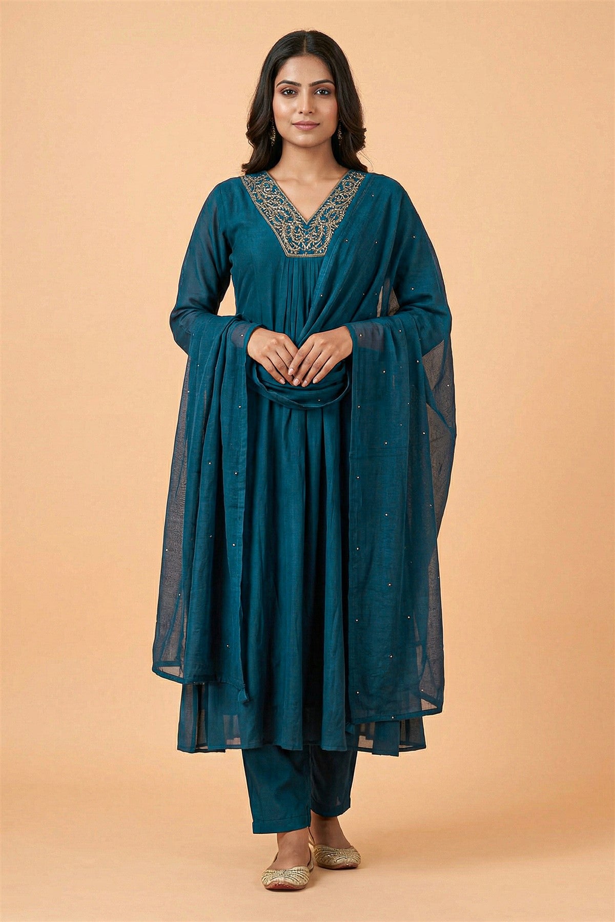 Silk Solid Teal Blue Kurti Set With Dupatta