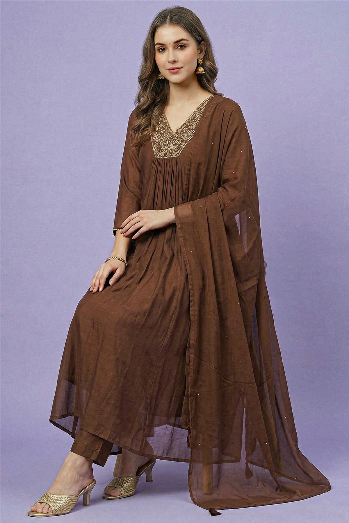 Silk Solid Brown Kurti Set With Dupatta