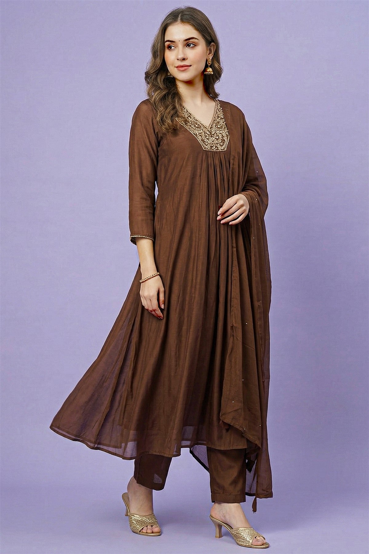 Silk Solid Brown Kurti Set With Dupatta