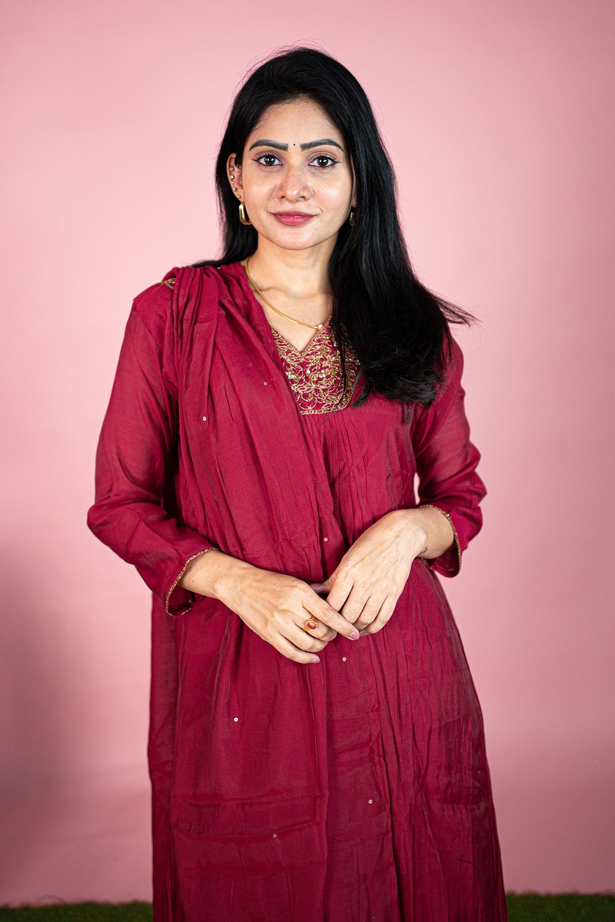 Silk Solid Maroon Kurti Set With Dupatta
