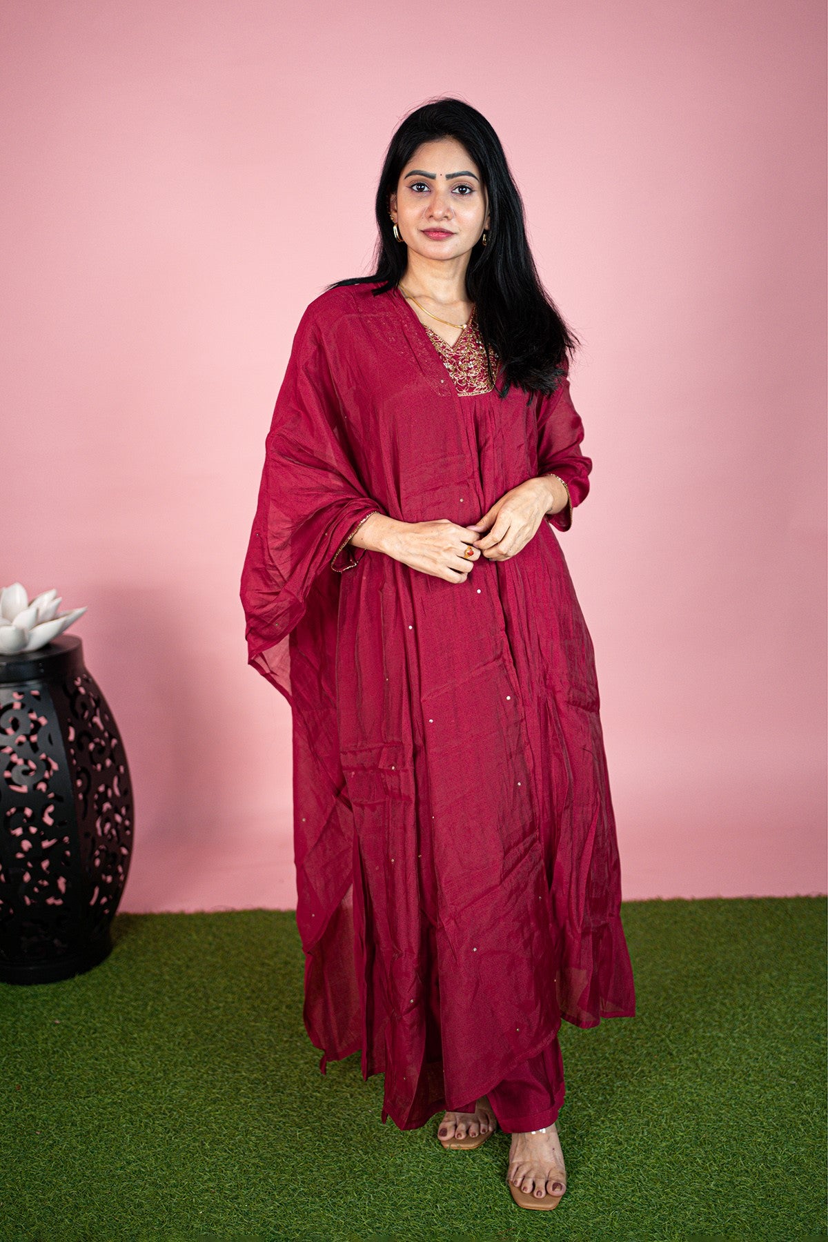 Silk Solid Maroon Kurti Set With Dupatta