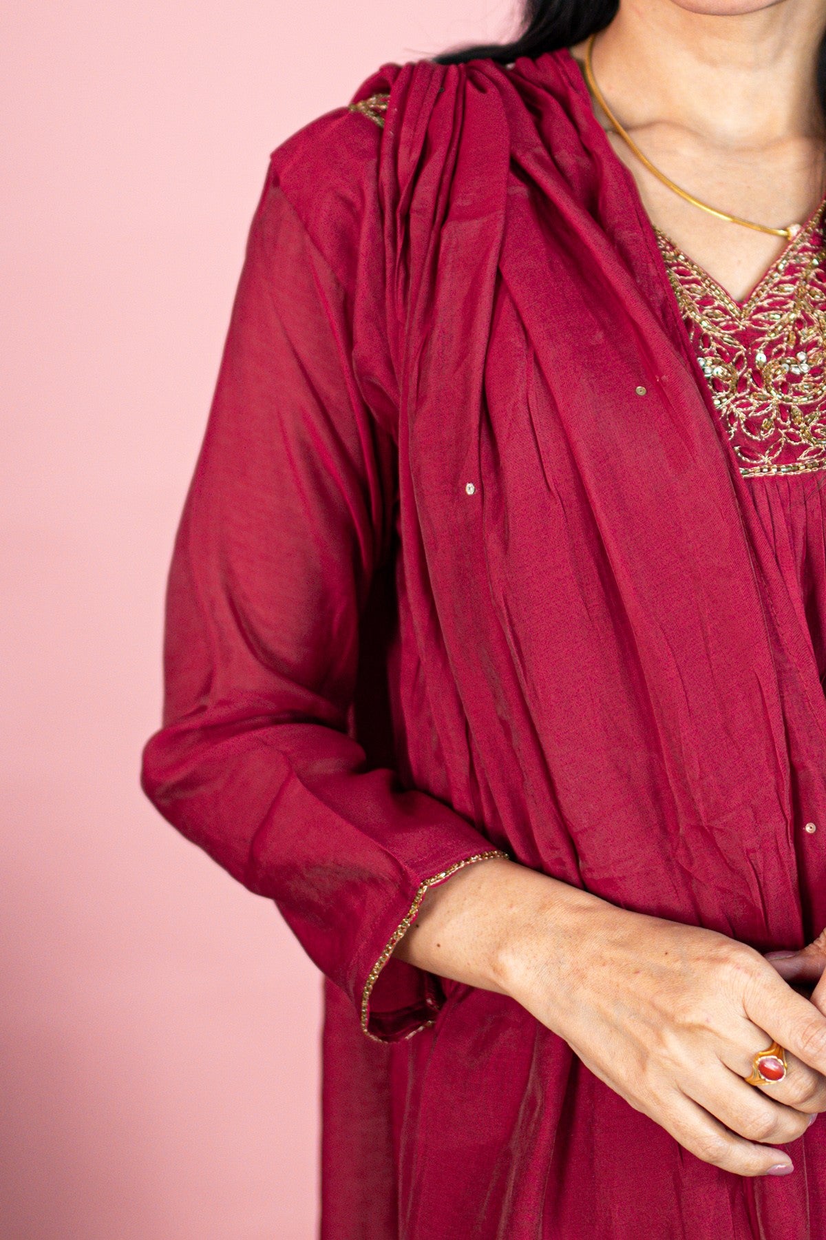 Silk Solid Maroon Kurti Set With Dupatta