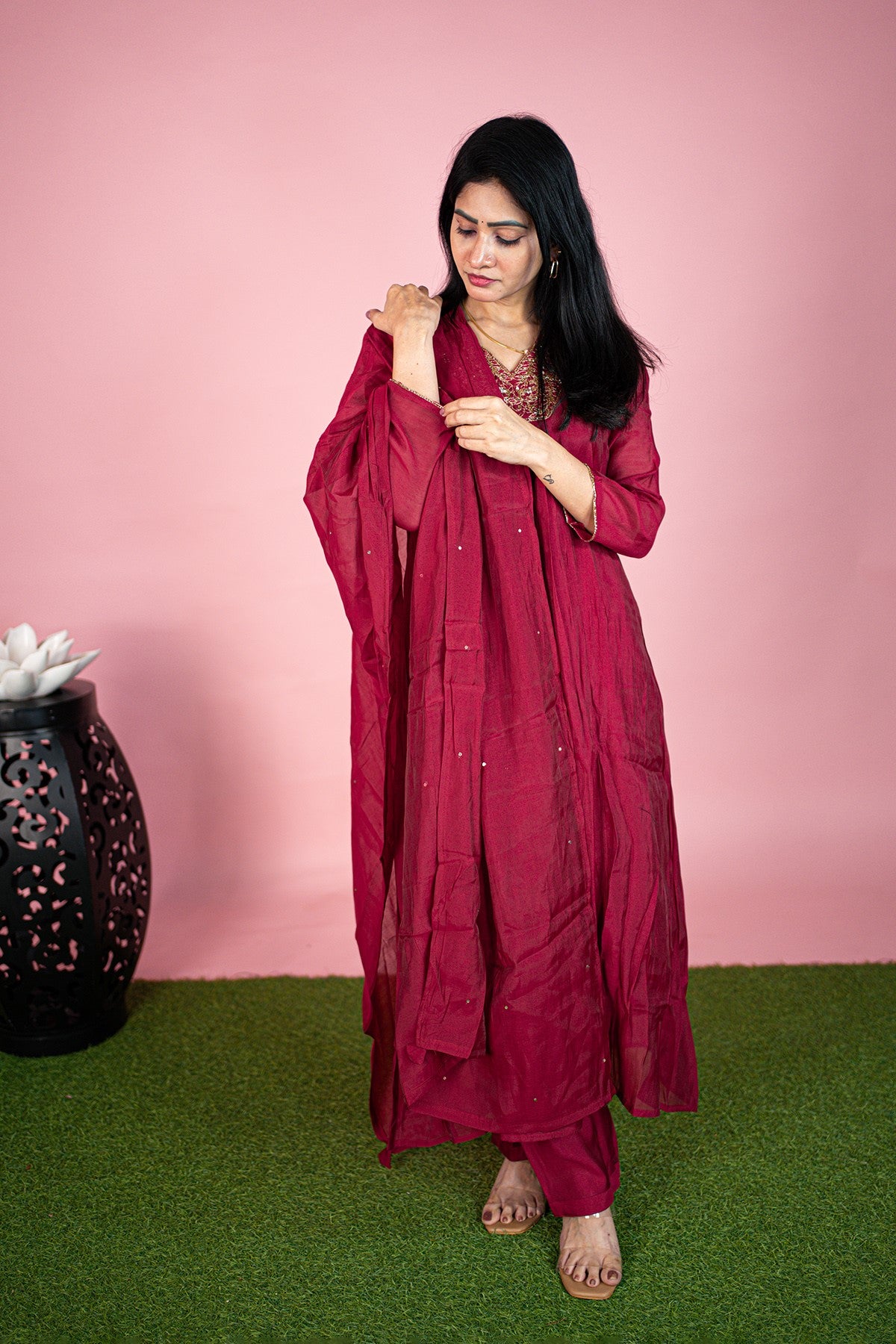 Silk Solid Maroon Kurti Set With Dupatta