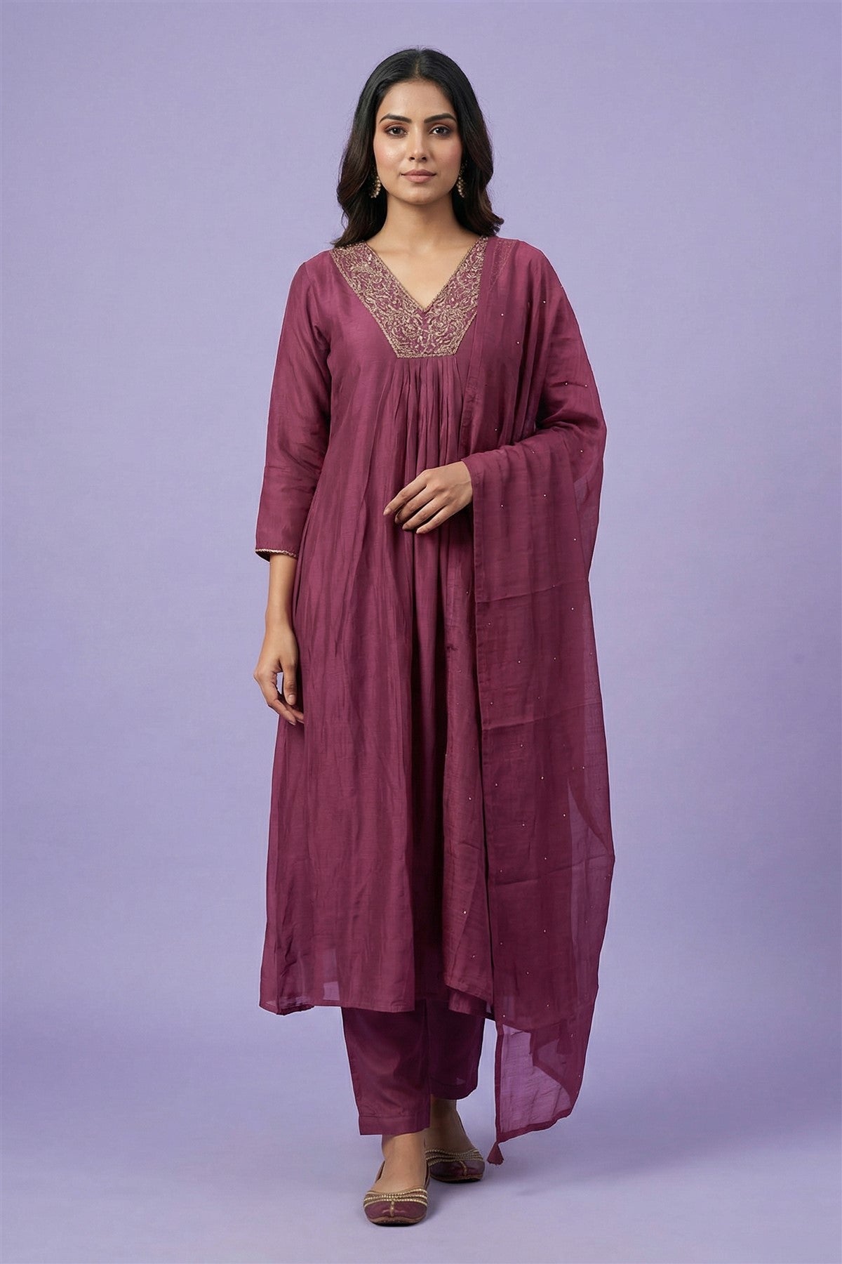 Silk Solid Wine Kurti Set With Dupatta