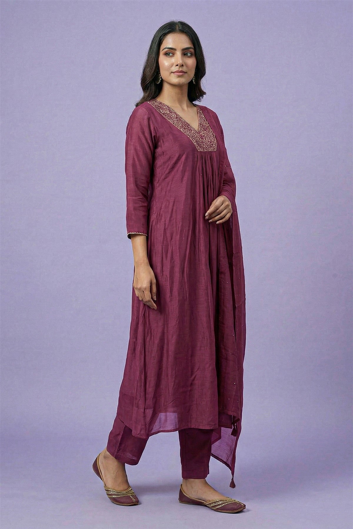 Silk Solid Wine Kurti Set With Dupatta