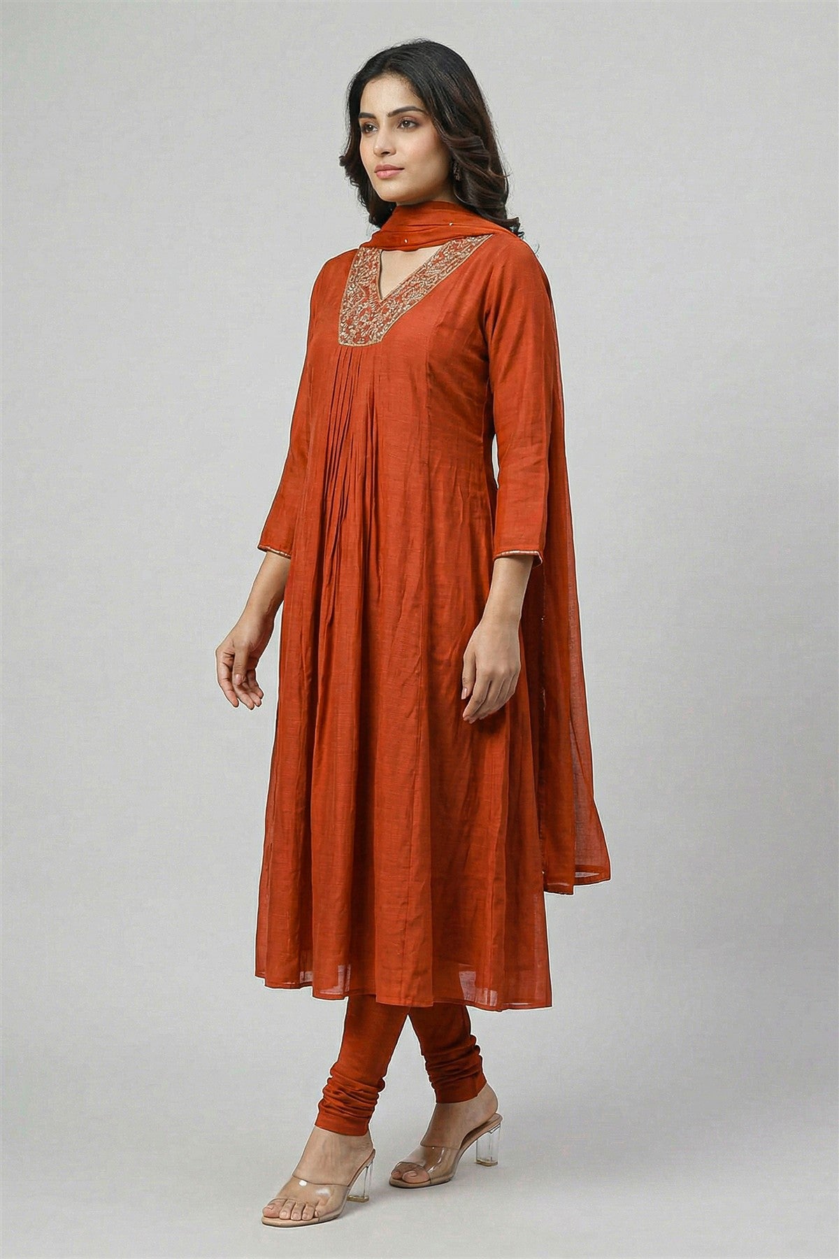 Silk Solid Rust Kurti Set With Dupatta