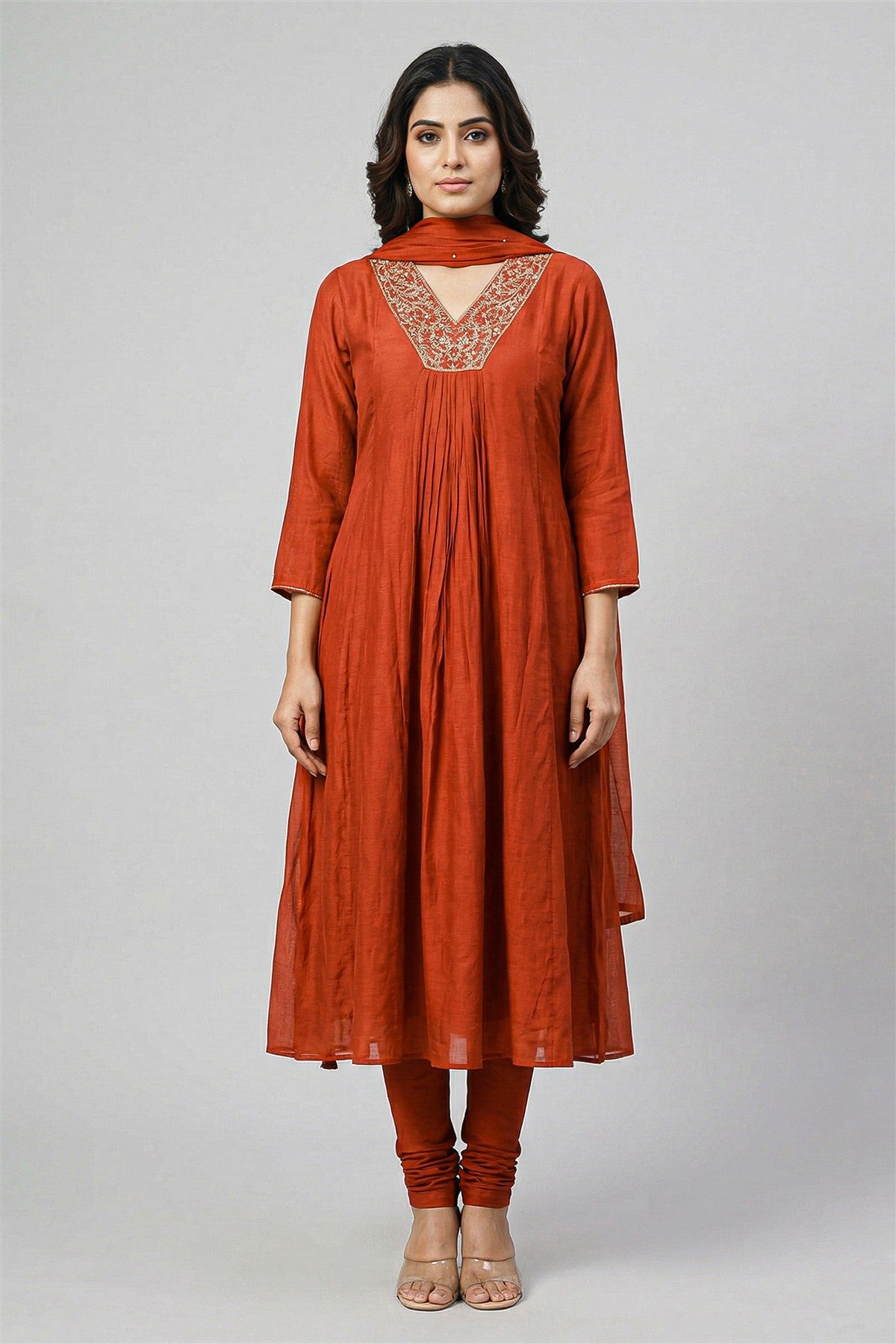 Silk Solid Rust Kurti Set With Dupatta