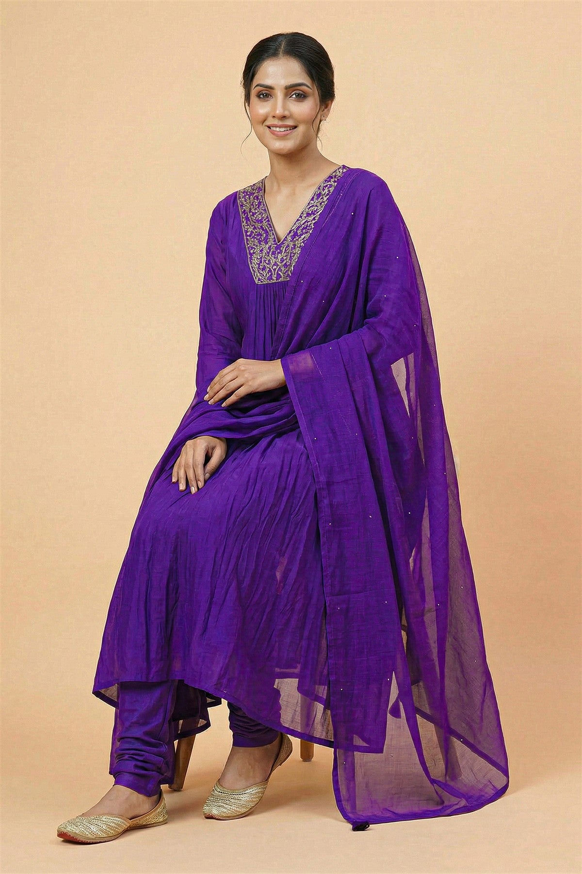 Silk Solid Purple Kurti Set With Dupatta