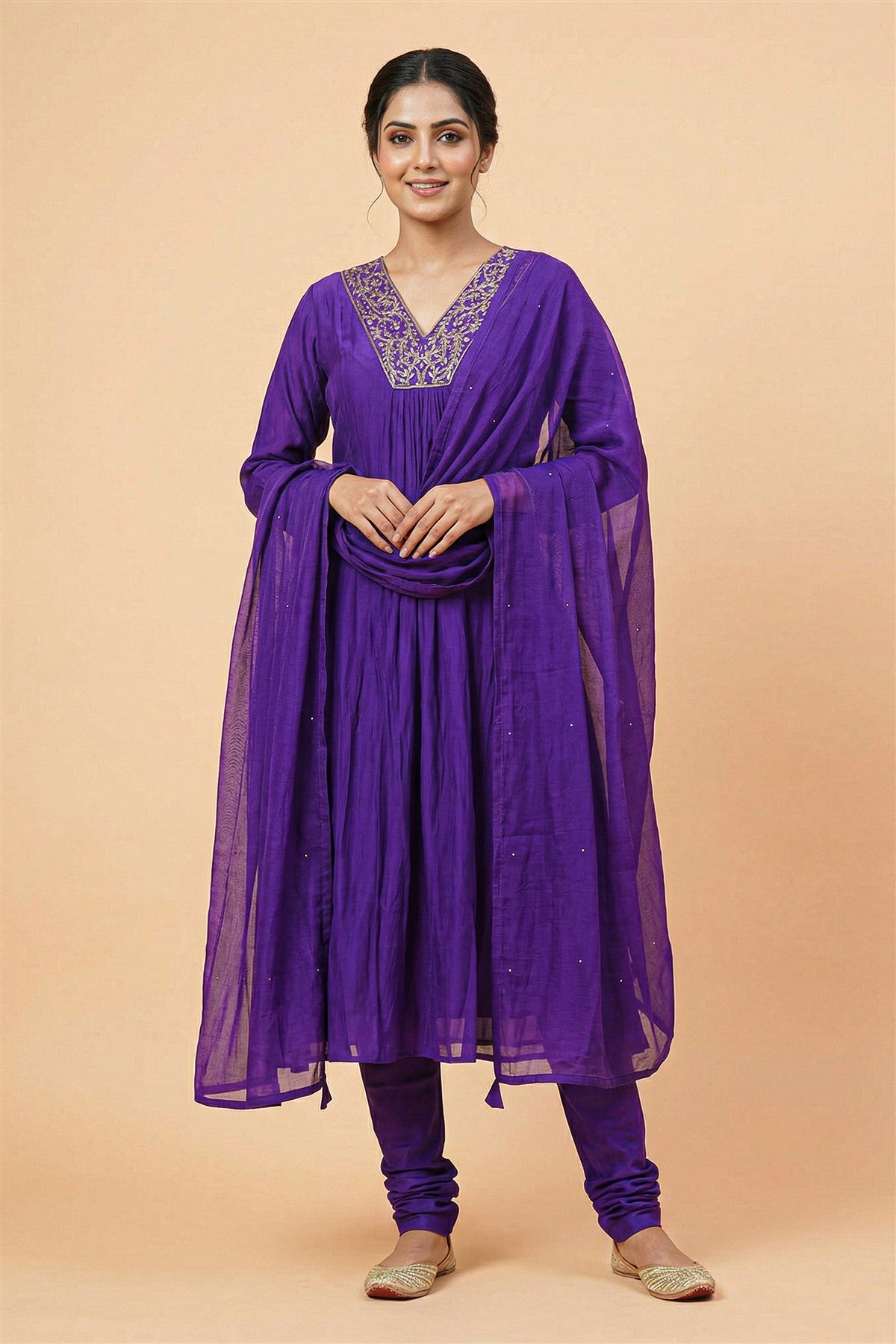 Silk Solid Purple Kurti Set With Dupatta