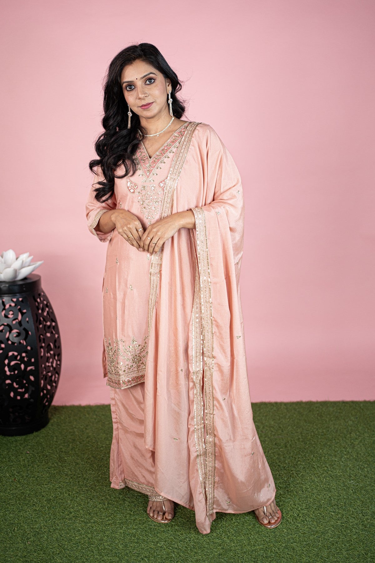 Silk Embroidered Peach Kurti Set With Dupatta