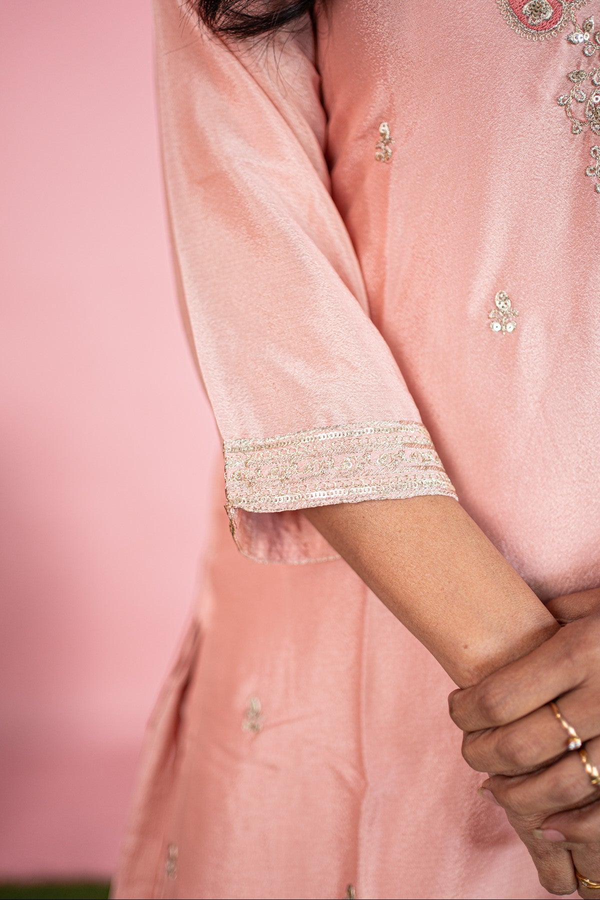 Silk Embroidered Peach Kurti Set With Dupatta