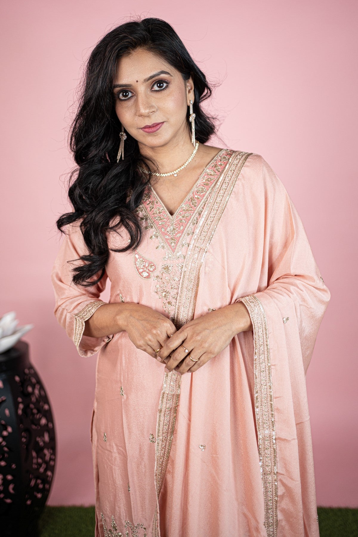 Silk Embroidered Peach Kurti Set With Dupatta