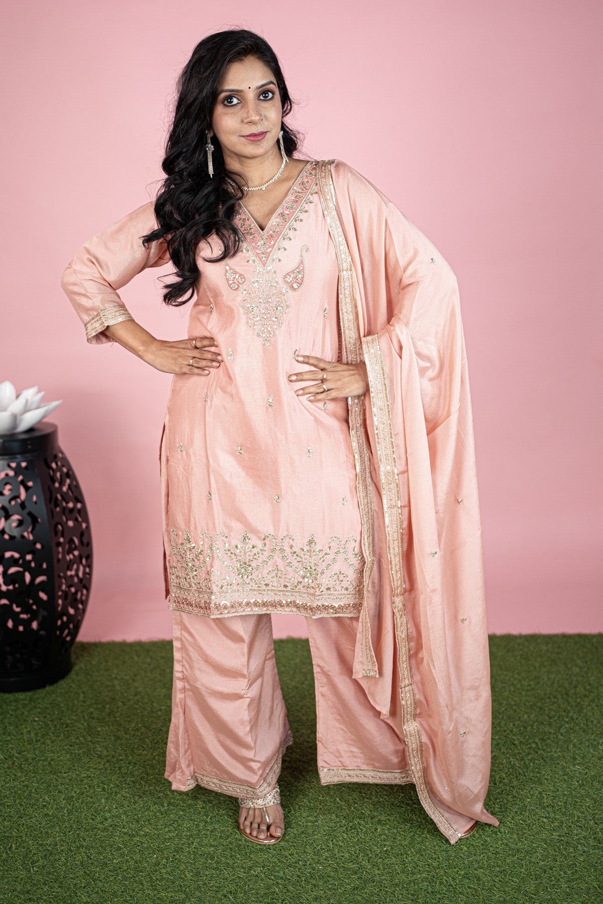 Silk Embroidered Peach Kurti Set With Dupatta