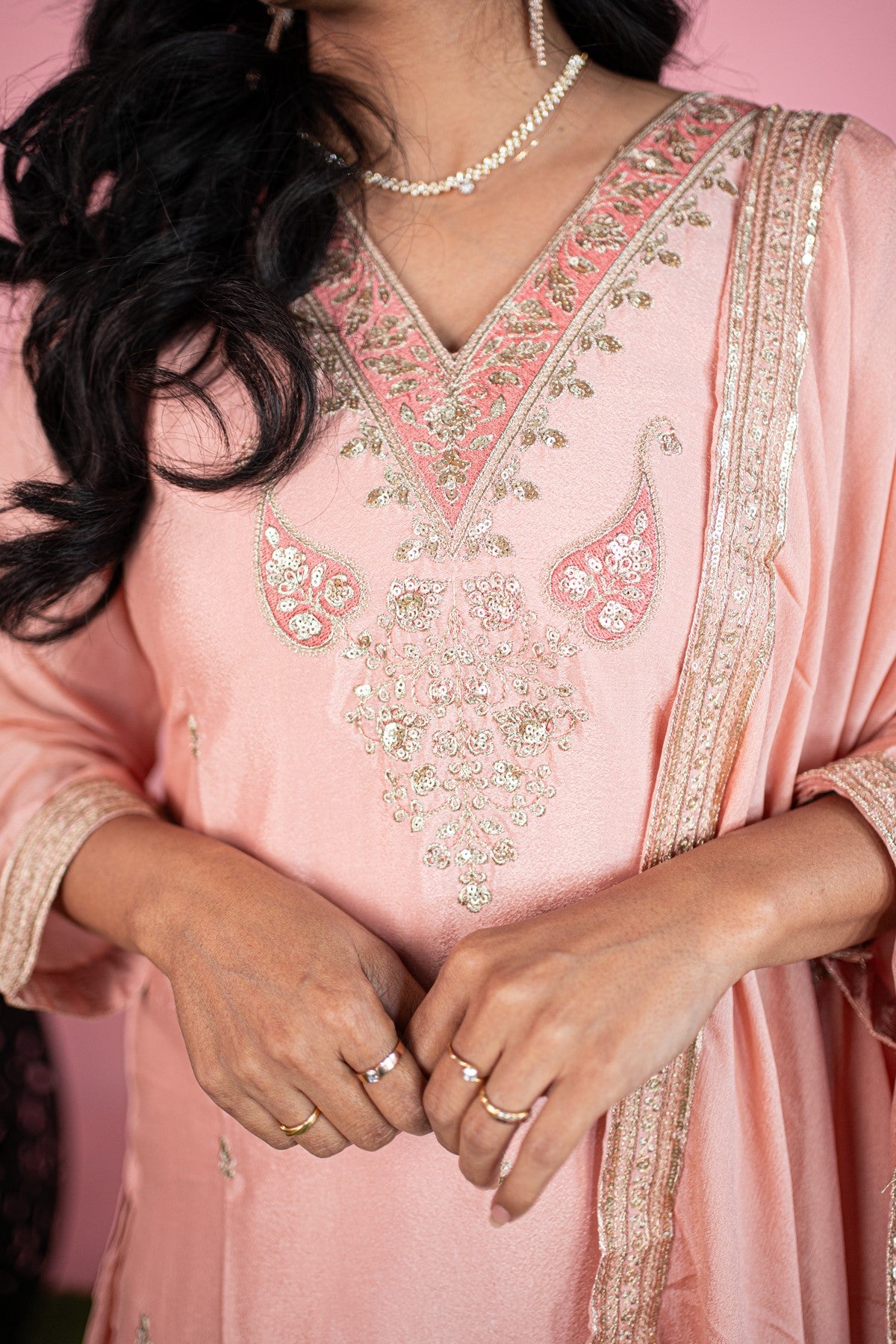 Silk Embroidered Peach Kurti Set With Dupatta