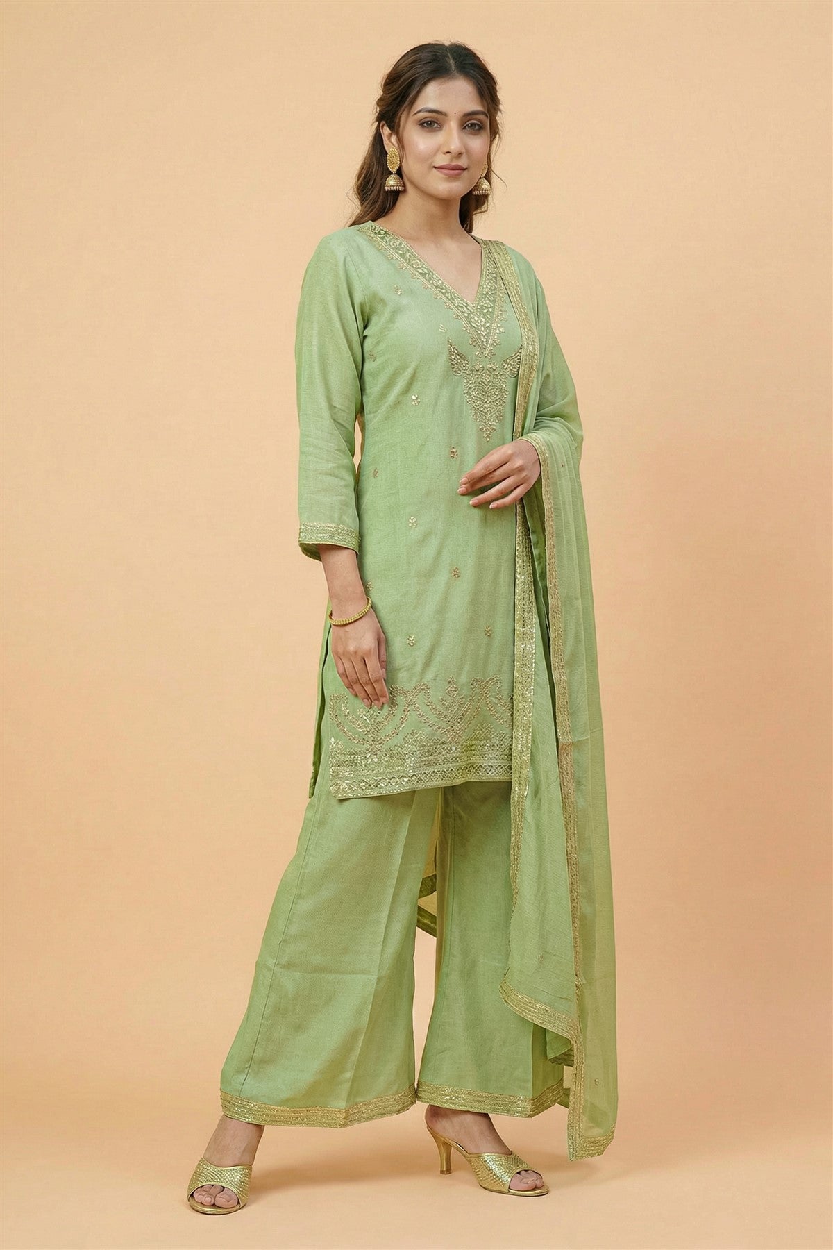 Silk Embroidered Green Kurti Set With Dupatta