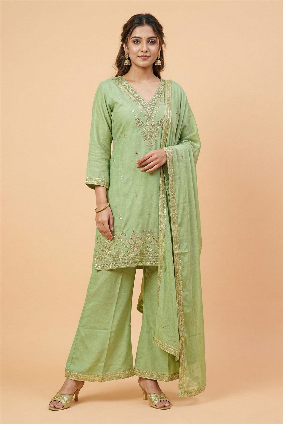 Silk Embroidered Green Kurti Set With Dupatta
