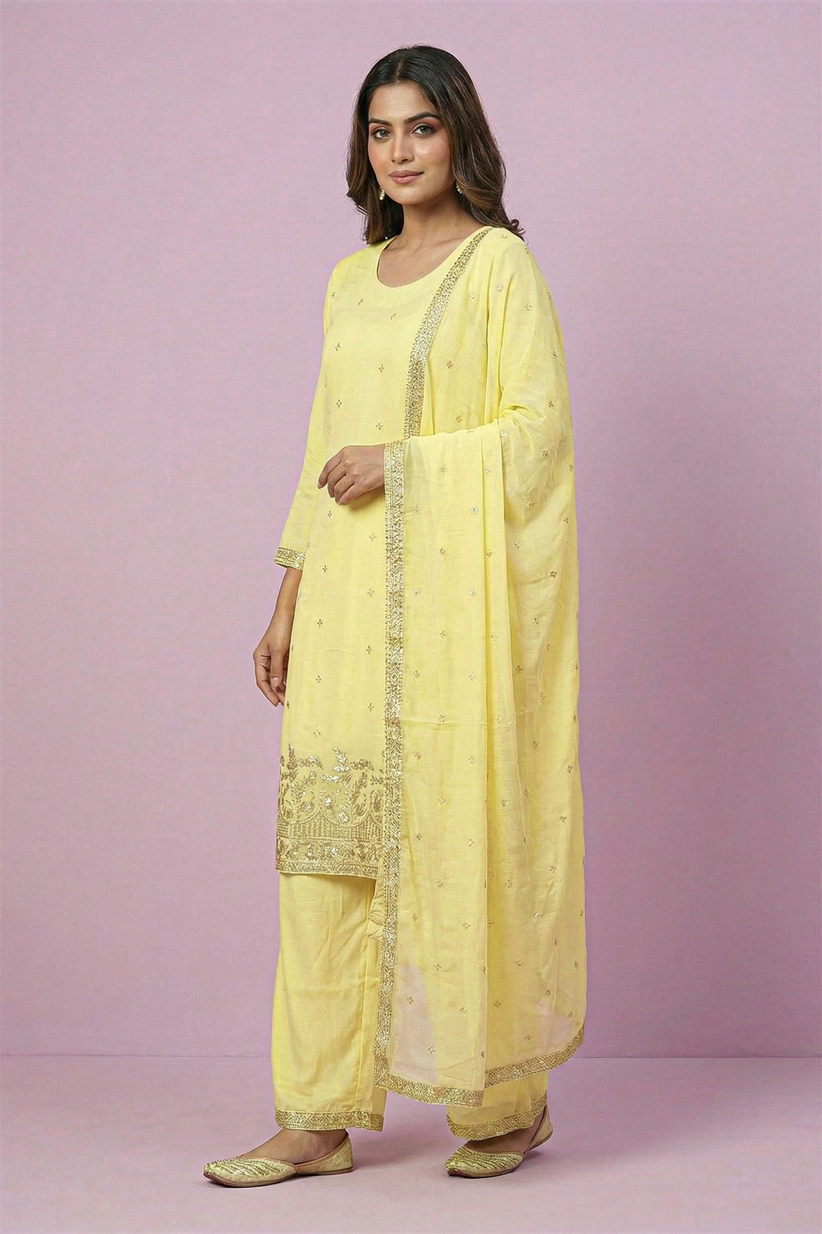 Silk Embroidered Yellow Kurti Set With Dupatta
