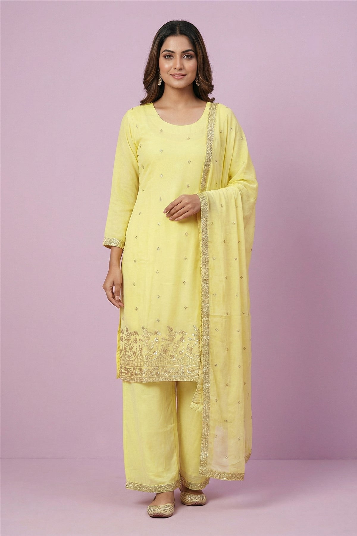 Silk Embroidered Yellow Kurti Set With Dupatta