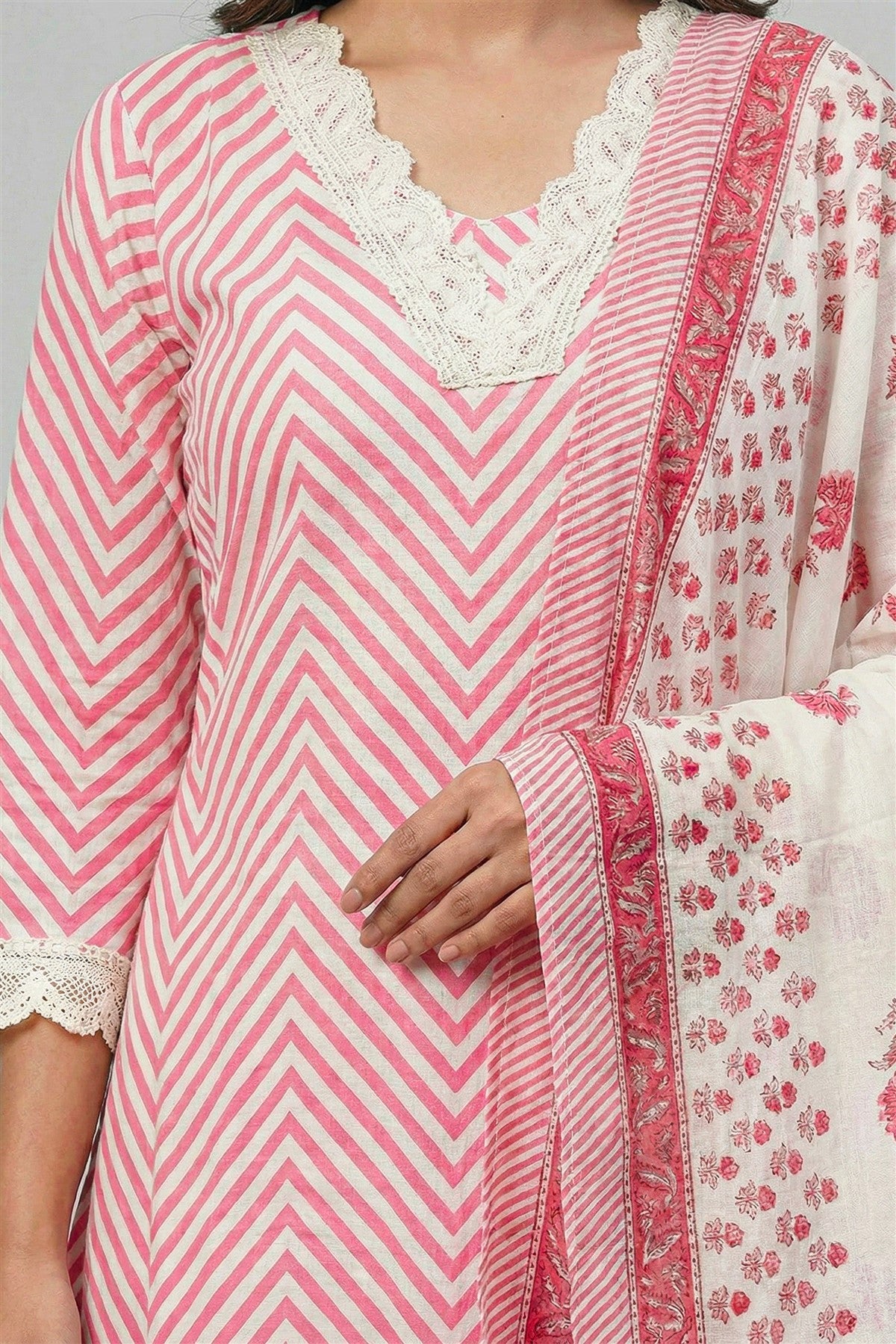 Cotton Printed Pink Kurti Set With Dupatta