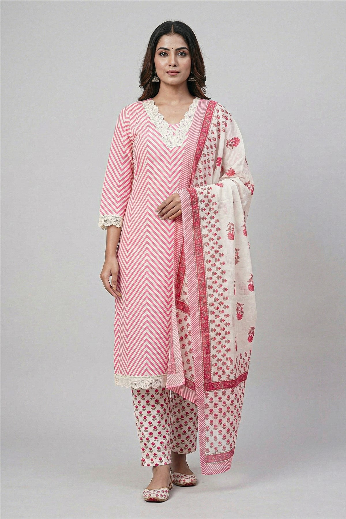 Cotton Printed Pink Kurti Set With Dupatta