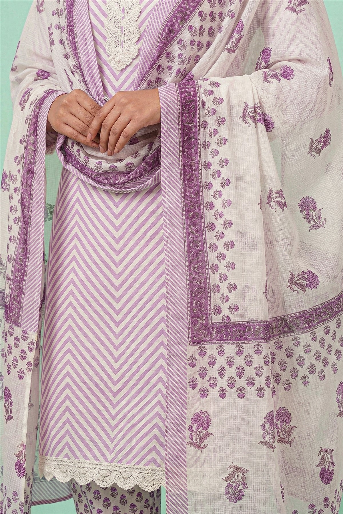Cotton Printed Lavender Kurti Set With Dupatta