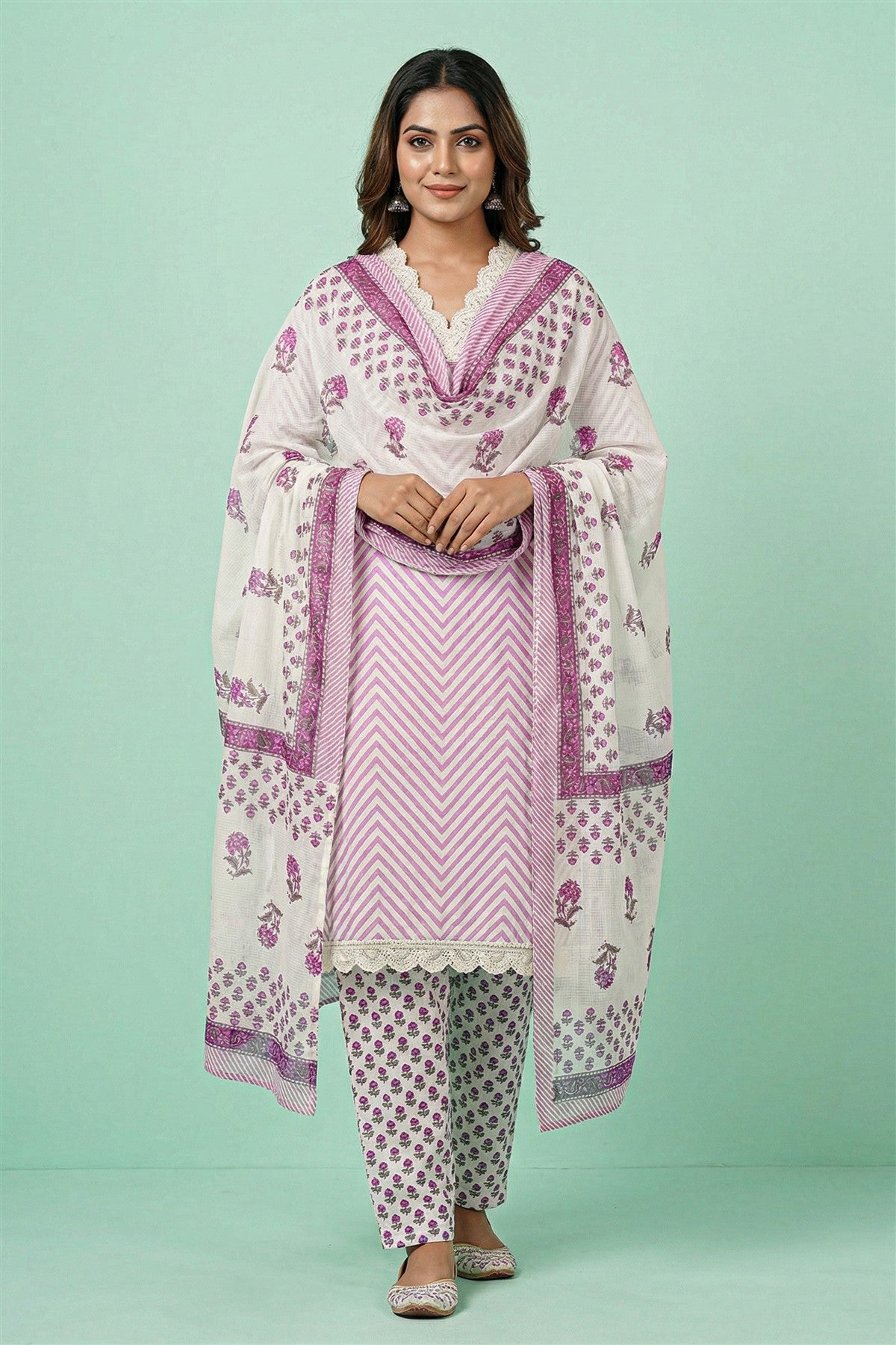 Cotton Printed Lavender Kurti Set With Dupatta