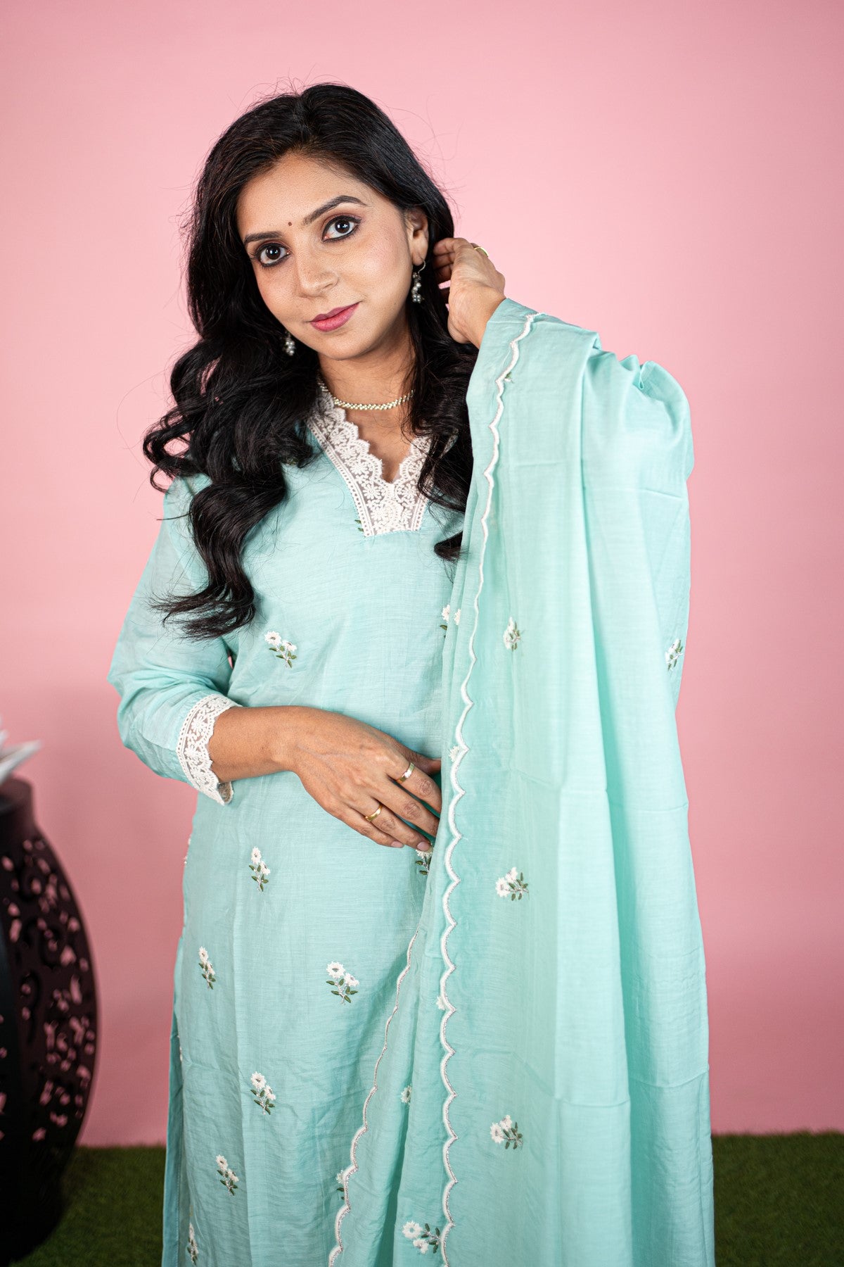 Silk Solid Sea Green Kurti Set With Dupatta