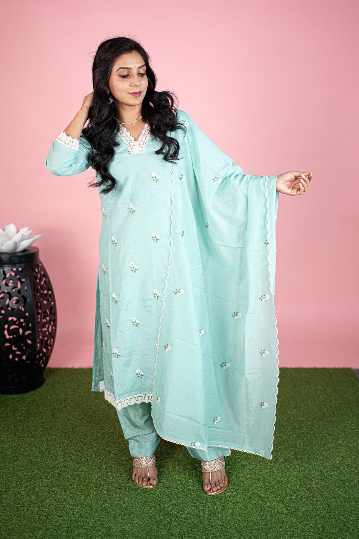 Silk Solid Sea Green Kurti Set With Dupatta
