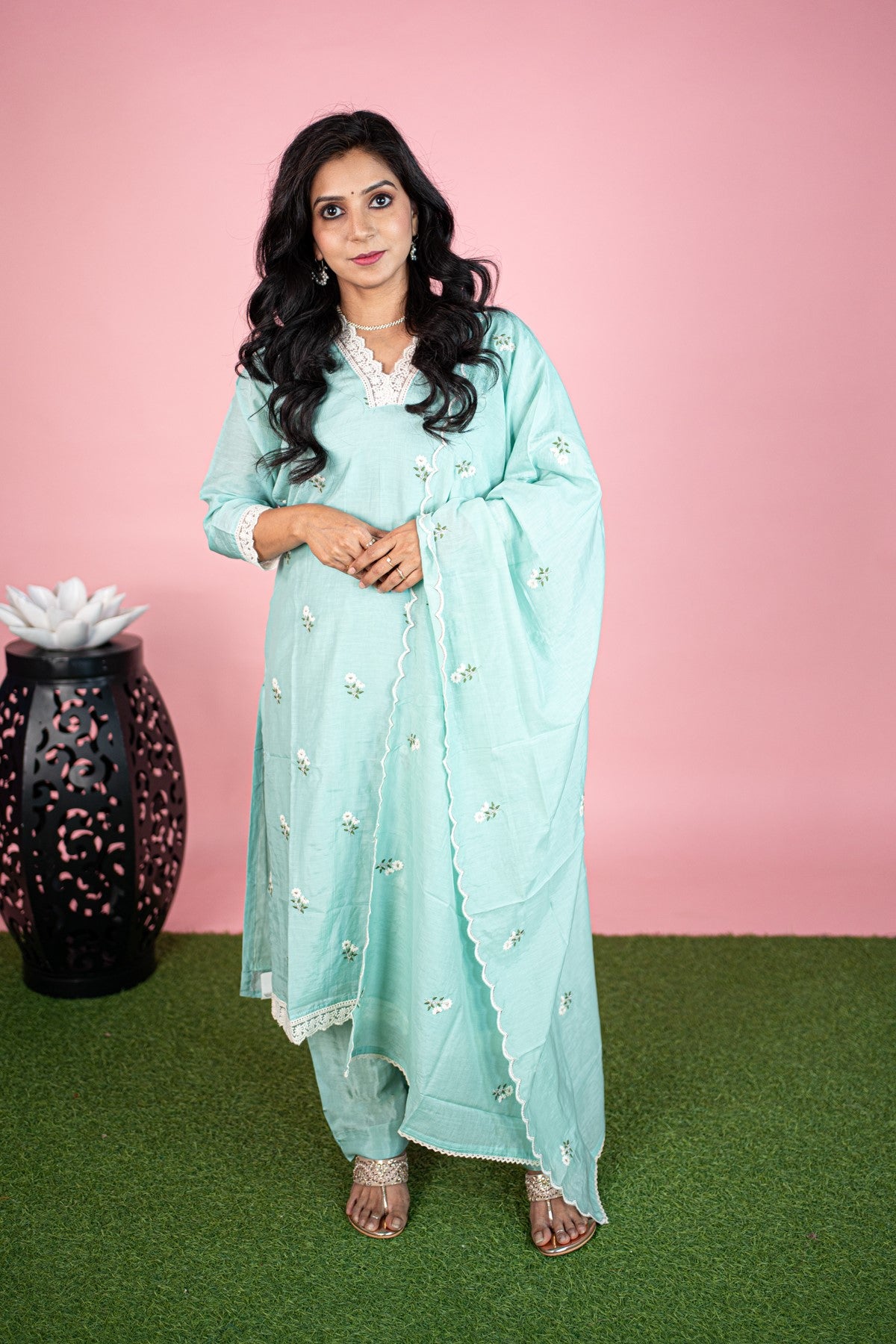 Silk Solid Sea Green Kurti Set With Dupatta