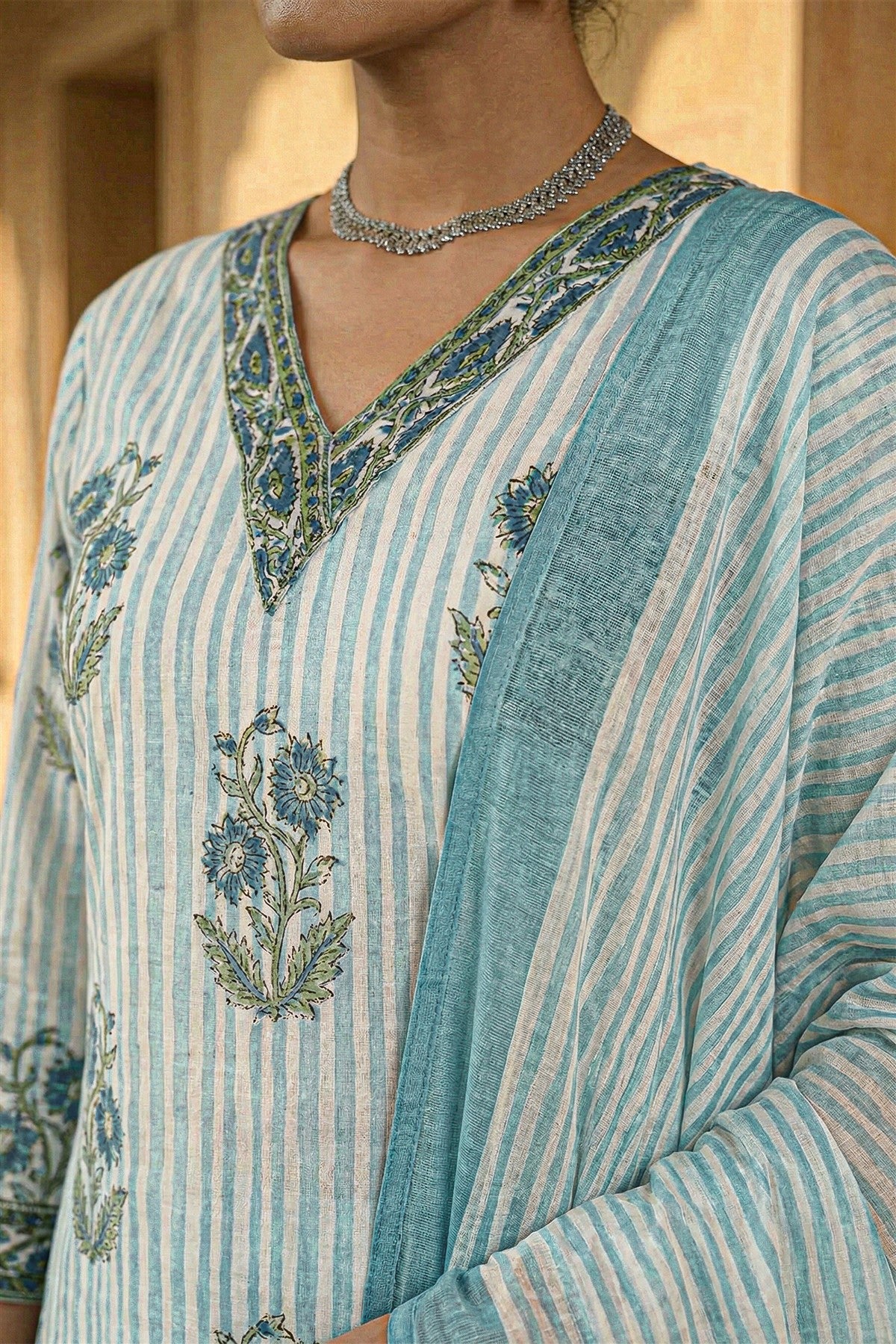 Cotton Printed Blue Kurti Set With Dupatta