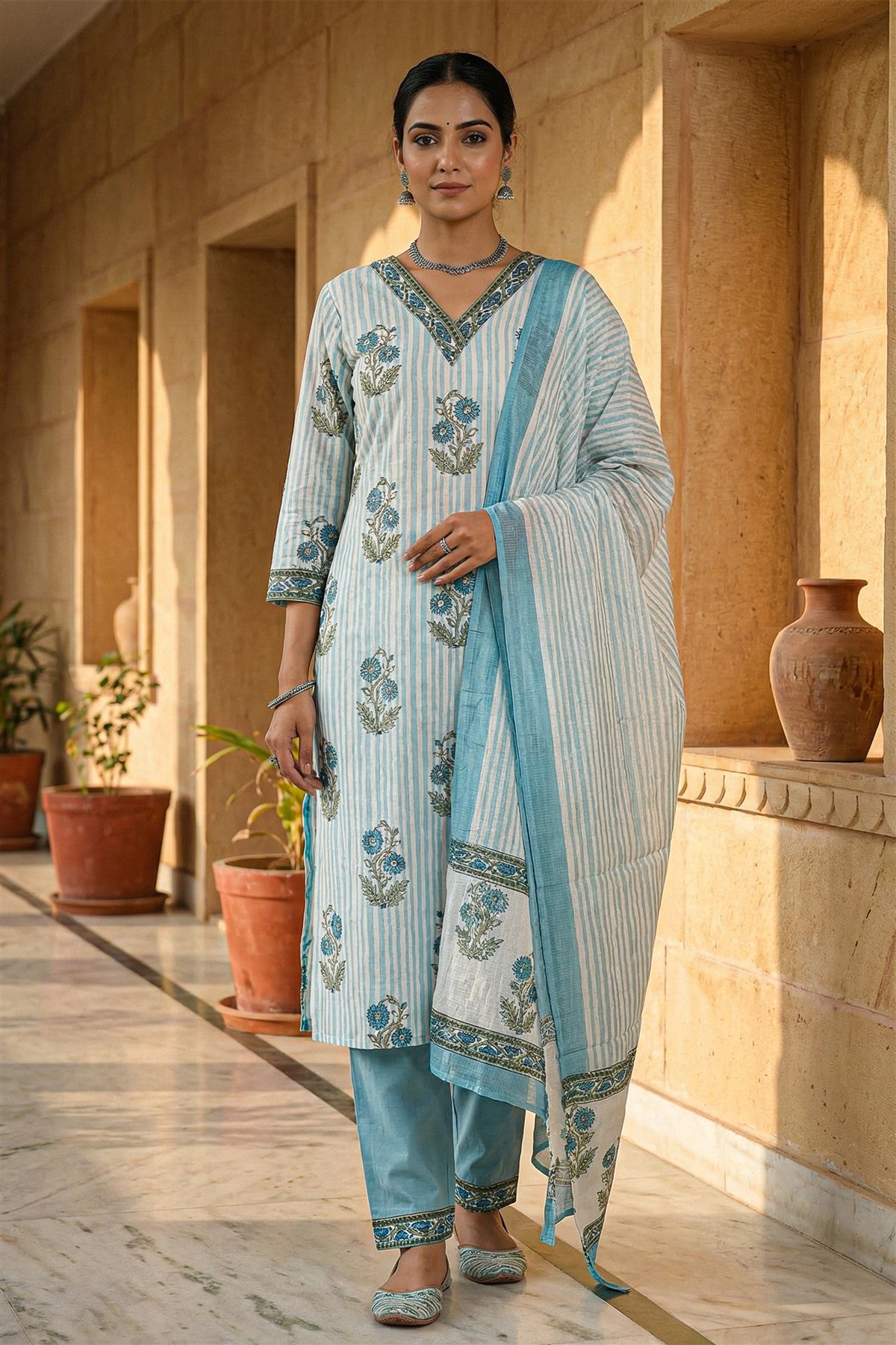 Cotton Printed Blue Kurti Set With Dupatta