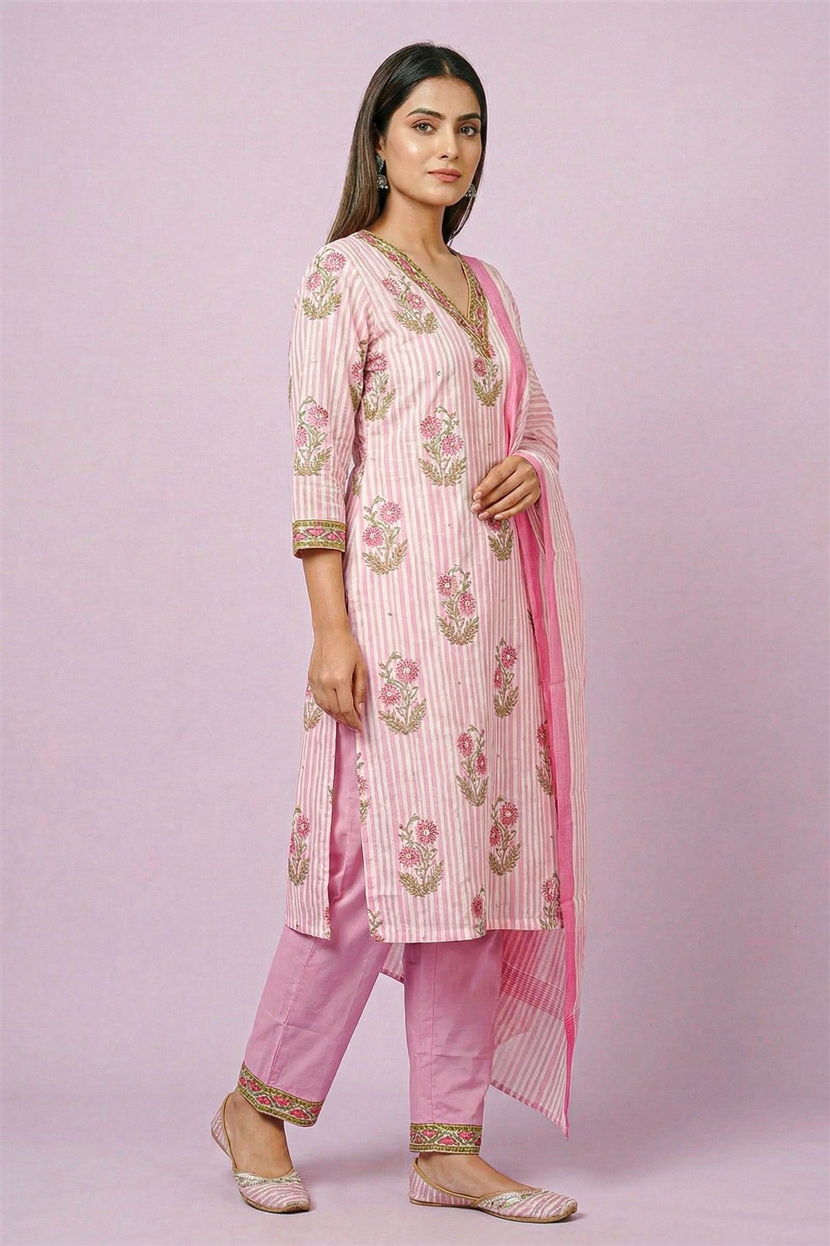 Cotton Printed Pink Kurti Set With Dupatta