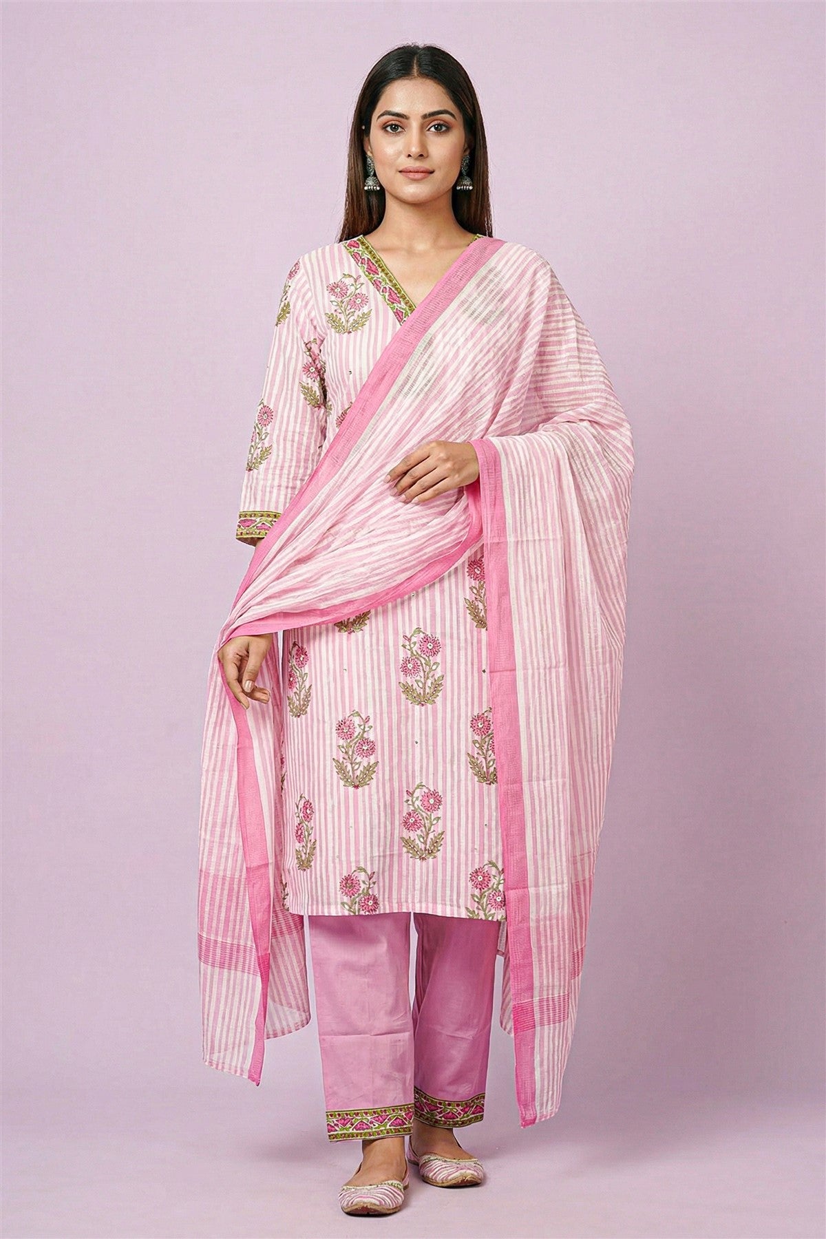 Cotton Printed Pink Kurti Set With Dupatta