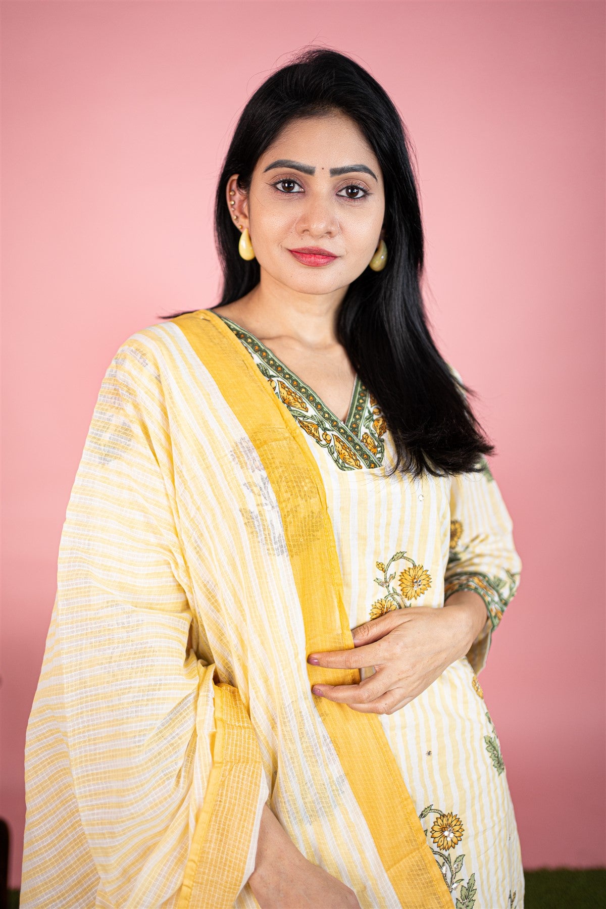 Cotton Printed Cream And Yellow Kurti Set With Dupatta