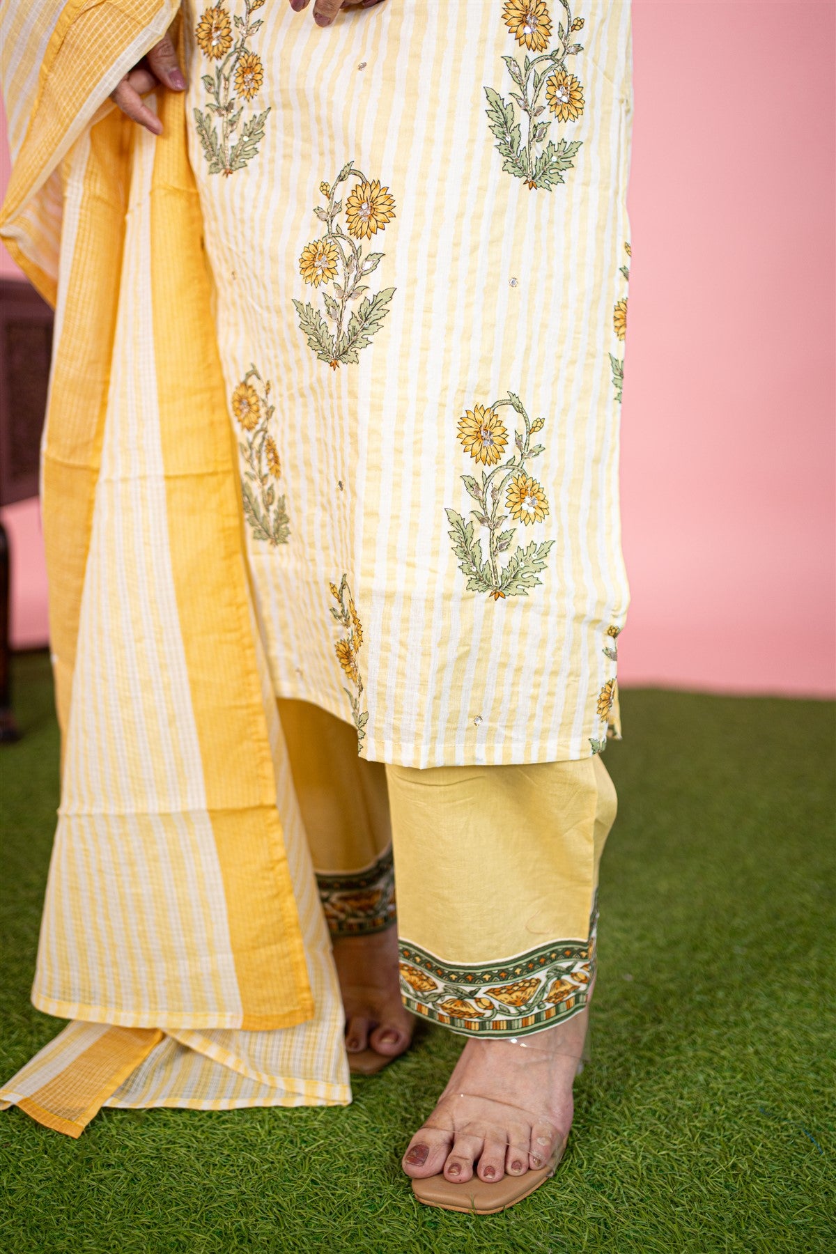 Cotton Printed Cream And Yellow Kurti Set With Dupatta