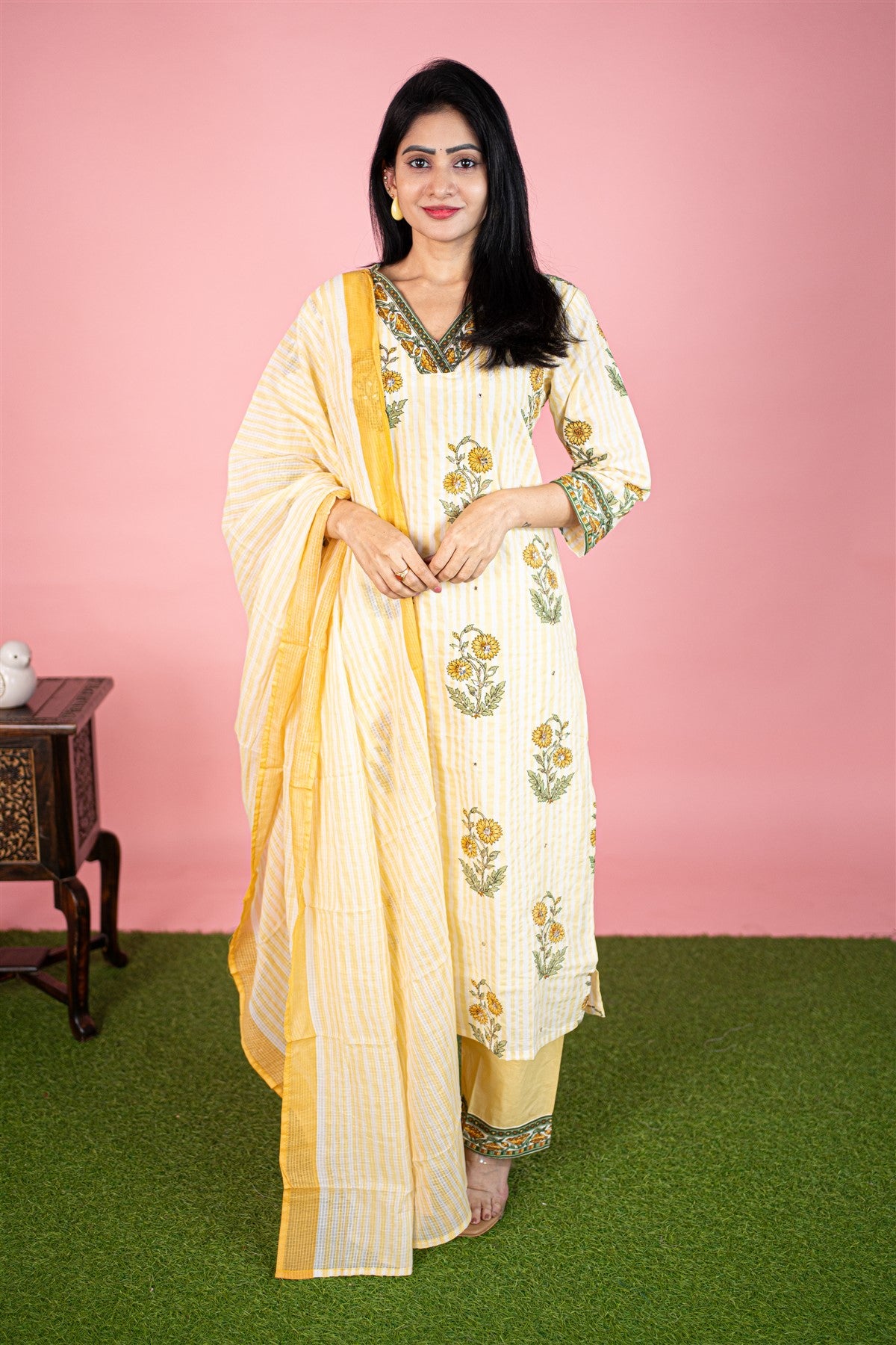 Cotton Printed Cream And Yellow Kurti Set With Dupatta