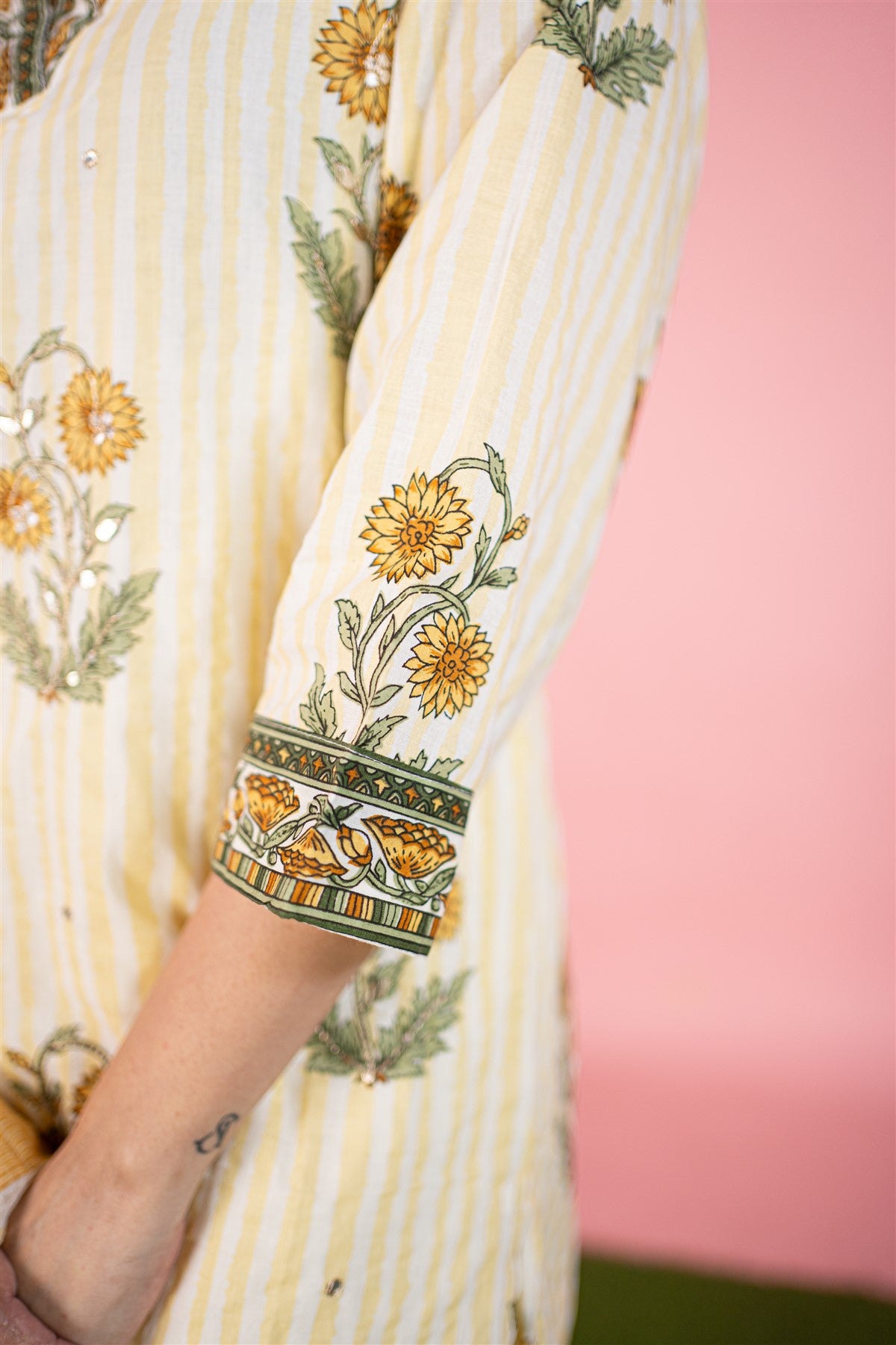 Cotton Printed Cream And Yellow Kurti Set With Dupatta