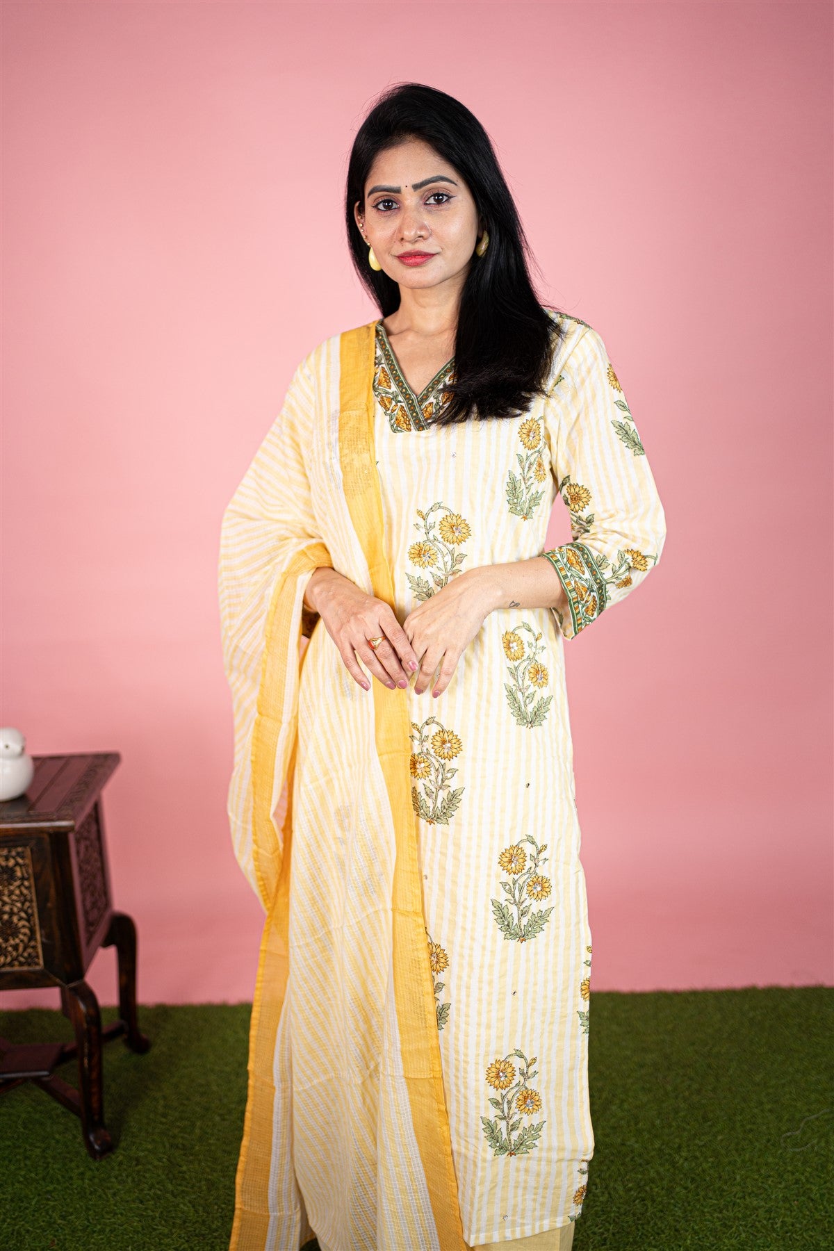 Cotton Printed Cream And Yellow Kurti Set With Dupatta