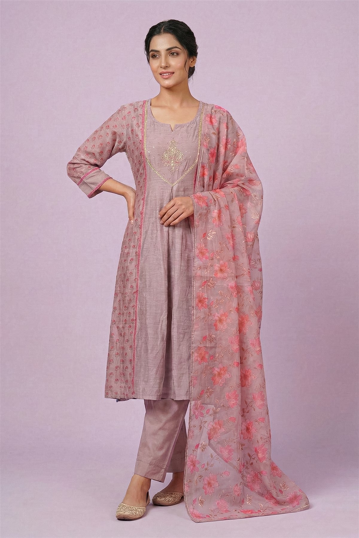 Mul Chanderi Solid Mauve Kurti Set With Dupatta
