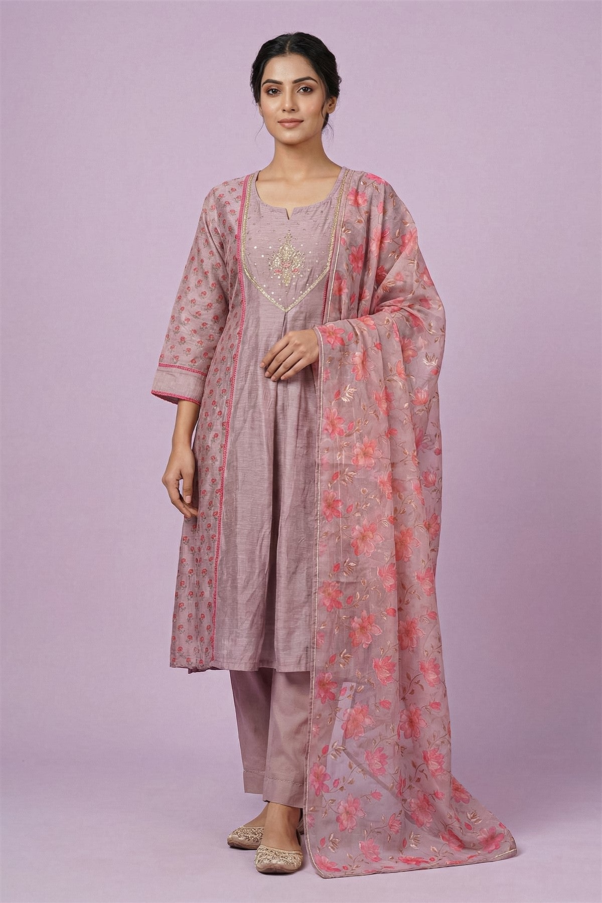 Mul Chanderi Solid Mauve Kurti Set With Dupatta