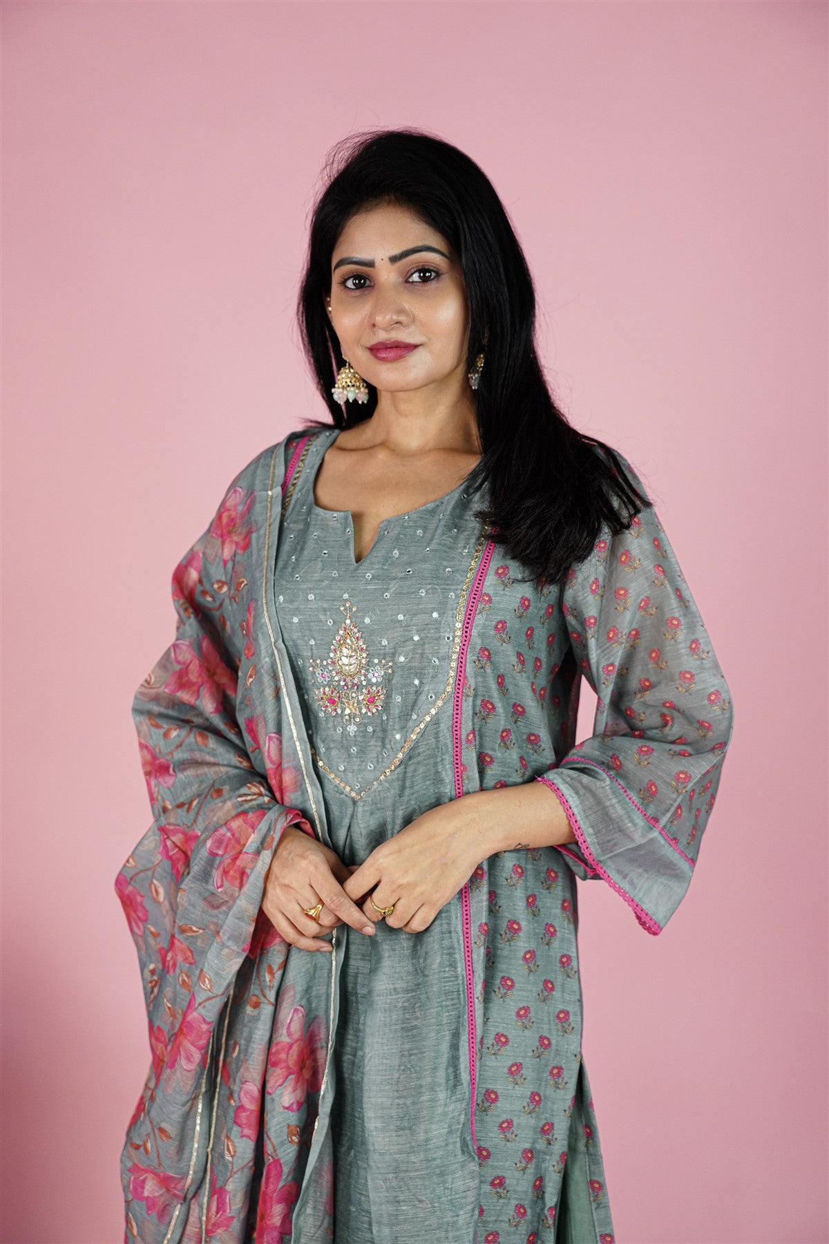 Mul Chanderi Solid Grey Kurti Set With Dupatta