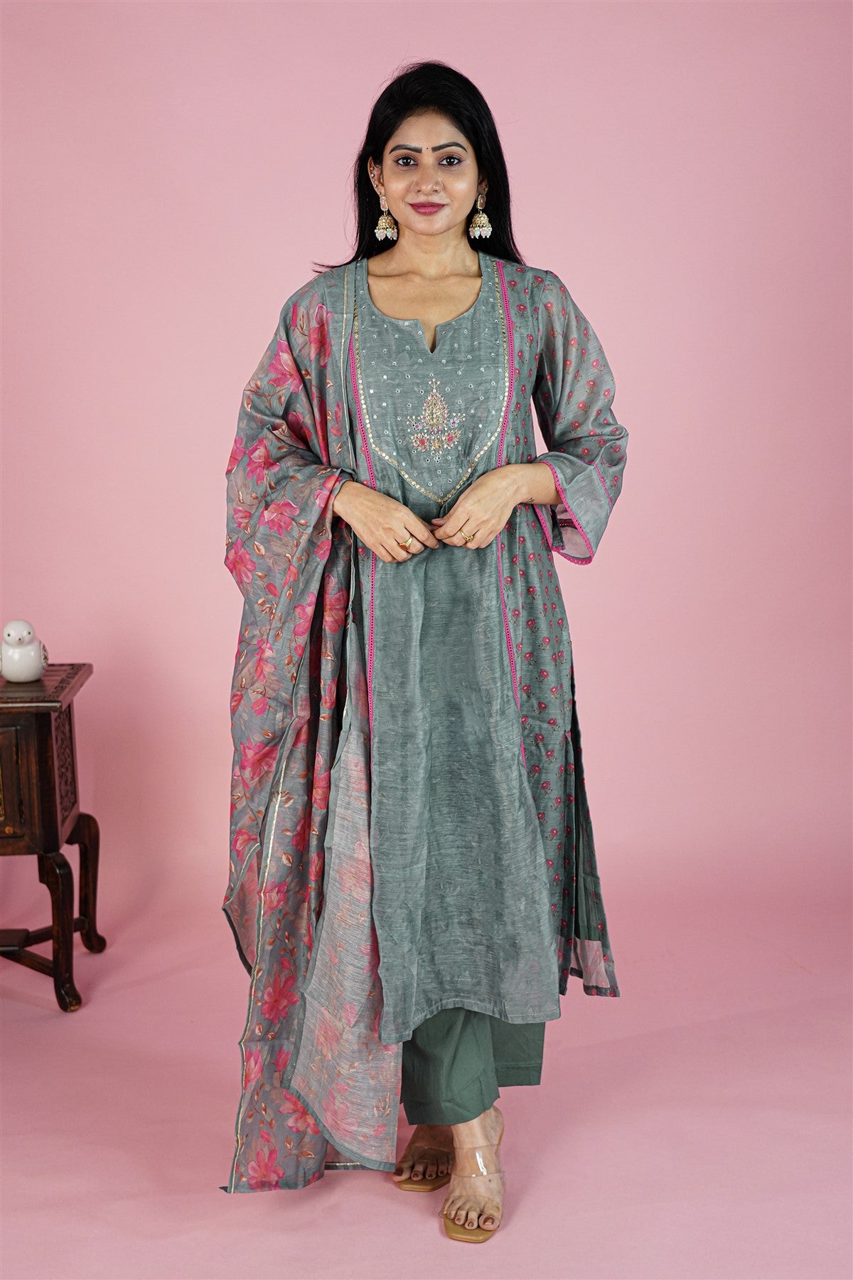 Mul Chanderi Solid Grey Kurti Set With Dupatta