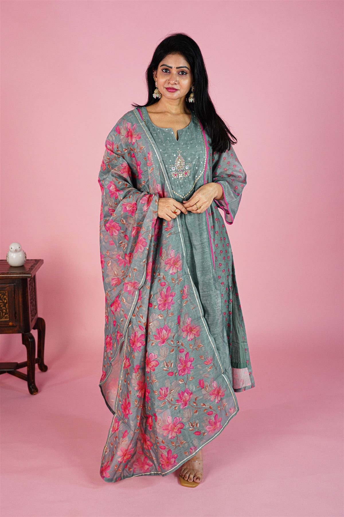 Mul Chanderi Solid Grey Kurti Set With Dupatta
