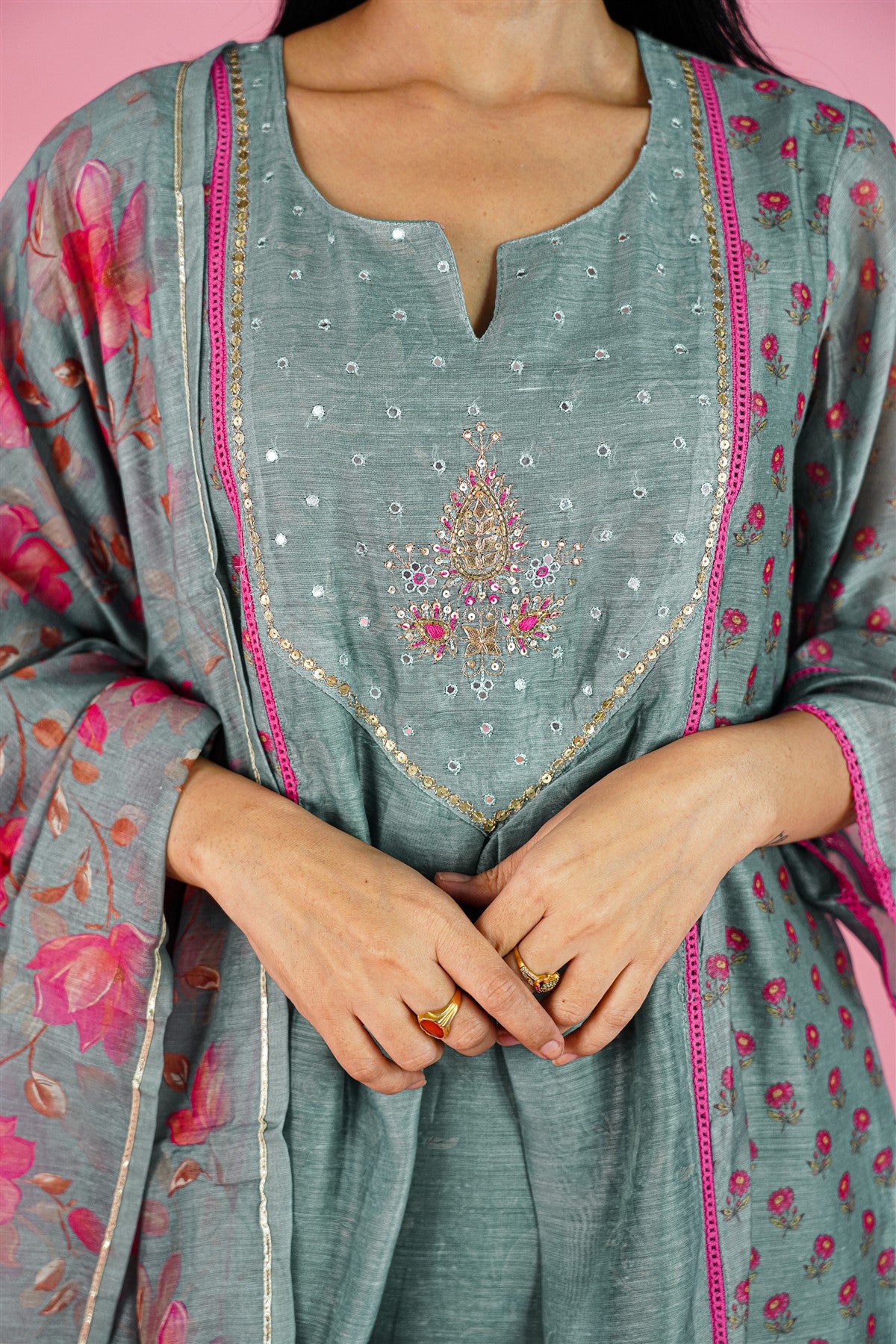 Mul Chanderi Solid Grey Kurti Set With Dupatta