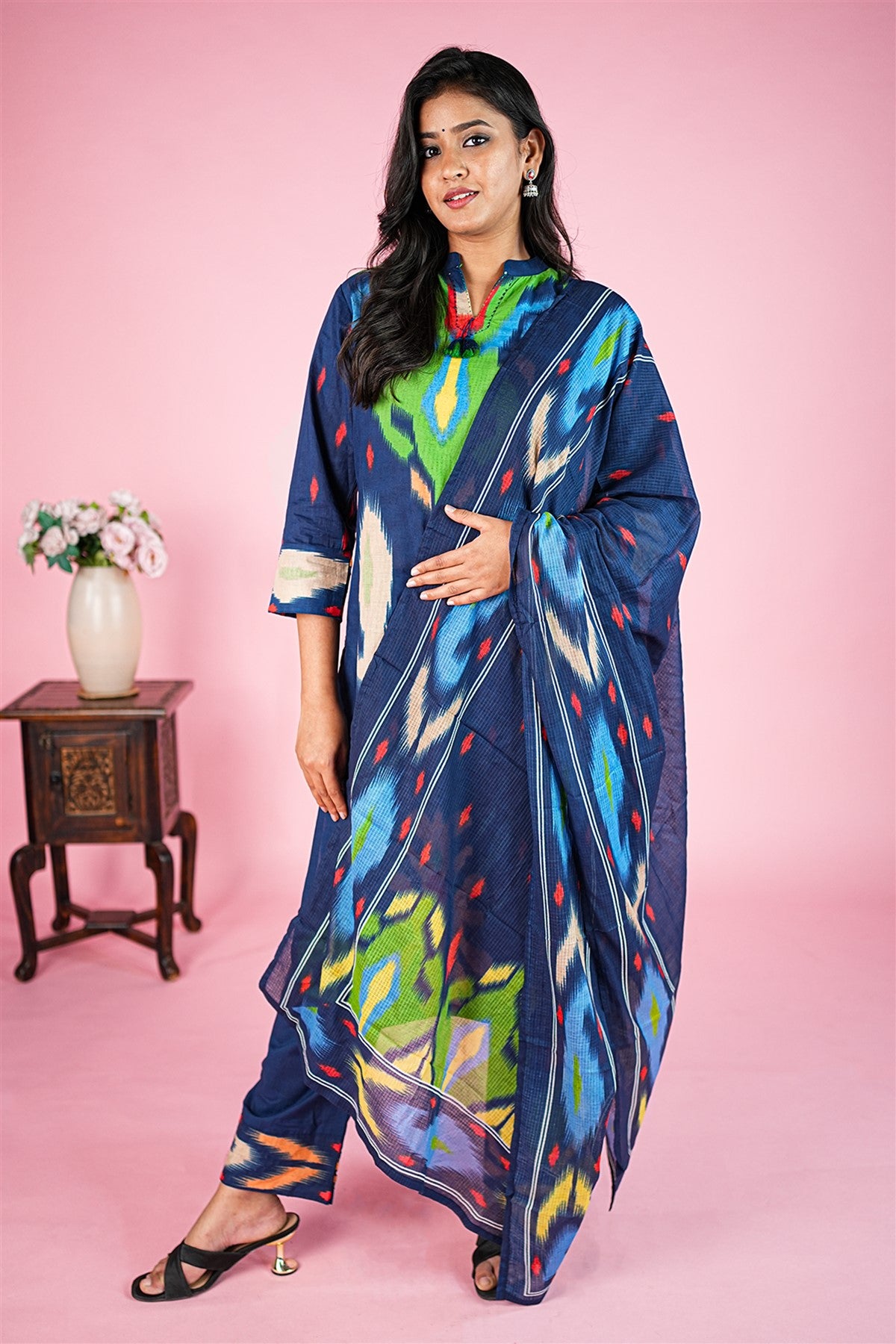 Cotton Printed Blue Kurti Set With Dupatta